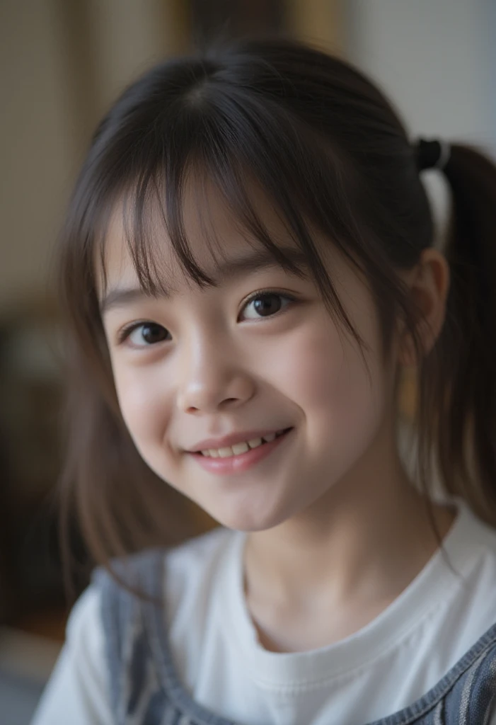 ((Close-up, high resolution: 1.4)), Adorable -yeld Jaese girl: 1.3, (White shirt: 1.1), Detailed facial features: 1.2, Rosy cheeks: 1.1, Pigtails tied with ribbons: 1.2, Expressive eyes: 1.3, Catching a smile: 1.2.