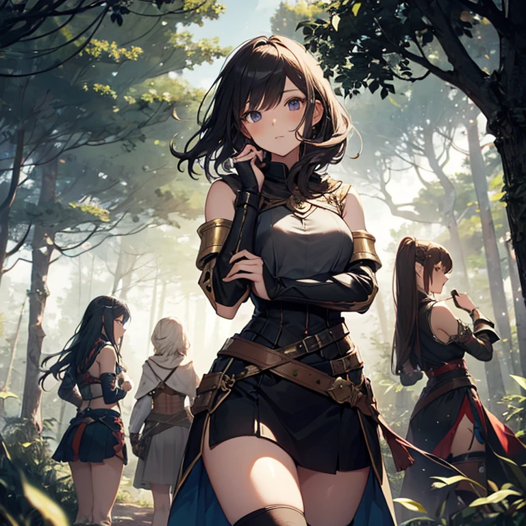 A group of female medieval fantasy adventurers, (in cave), various hair styles, harem, night, details face, seducing, sleeveless, armor, backless