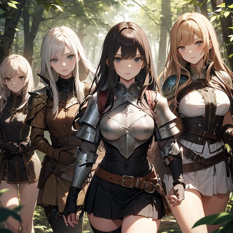 A group of young female knight, (in forest), various hair styles, harem, wearing armored clothes, metal armor, night, details face, , short skirt, seducing, sword, sleeveless , showing armpits