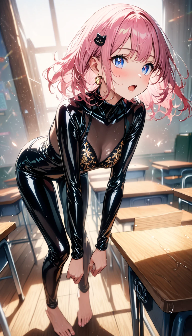Atr by sinozick,,art by akira toriyama, 1girl,pink hair, green eyes, cute , flat chest, wide hips, tight black latex minidress,
sitting,bar stool, arm on the bar, looking back over her shoulder