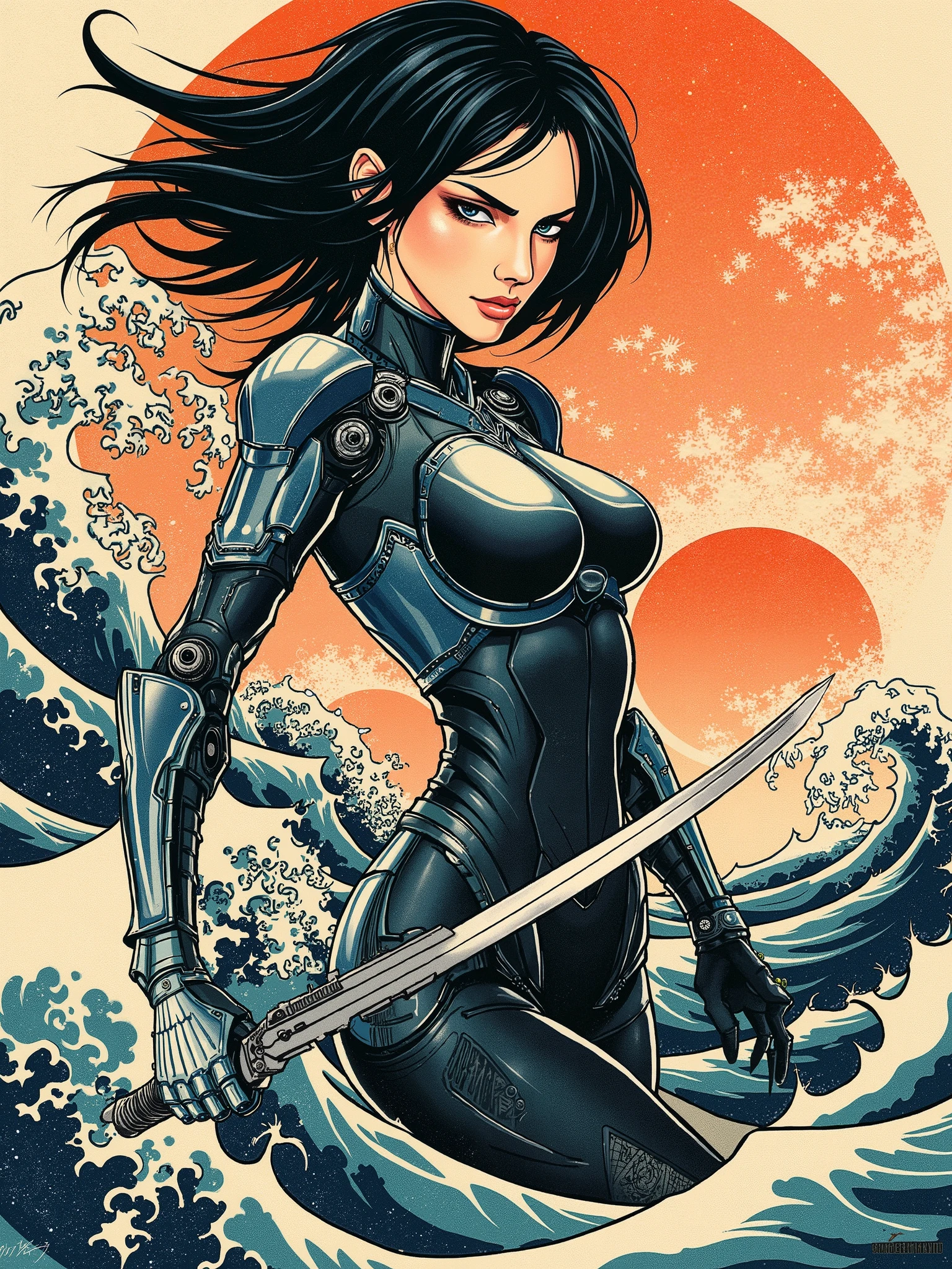 Battle angel alita like on a painting by hokusai