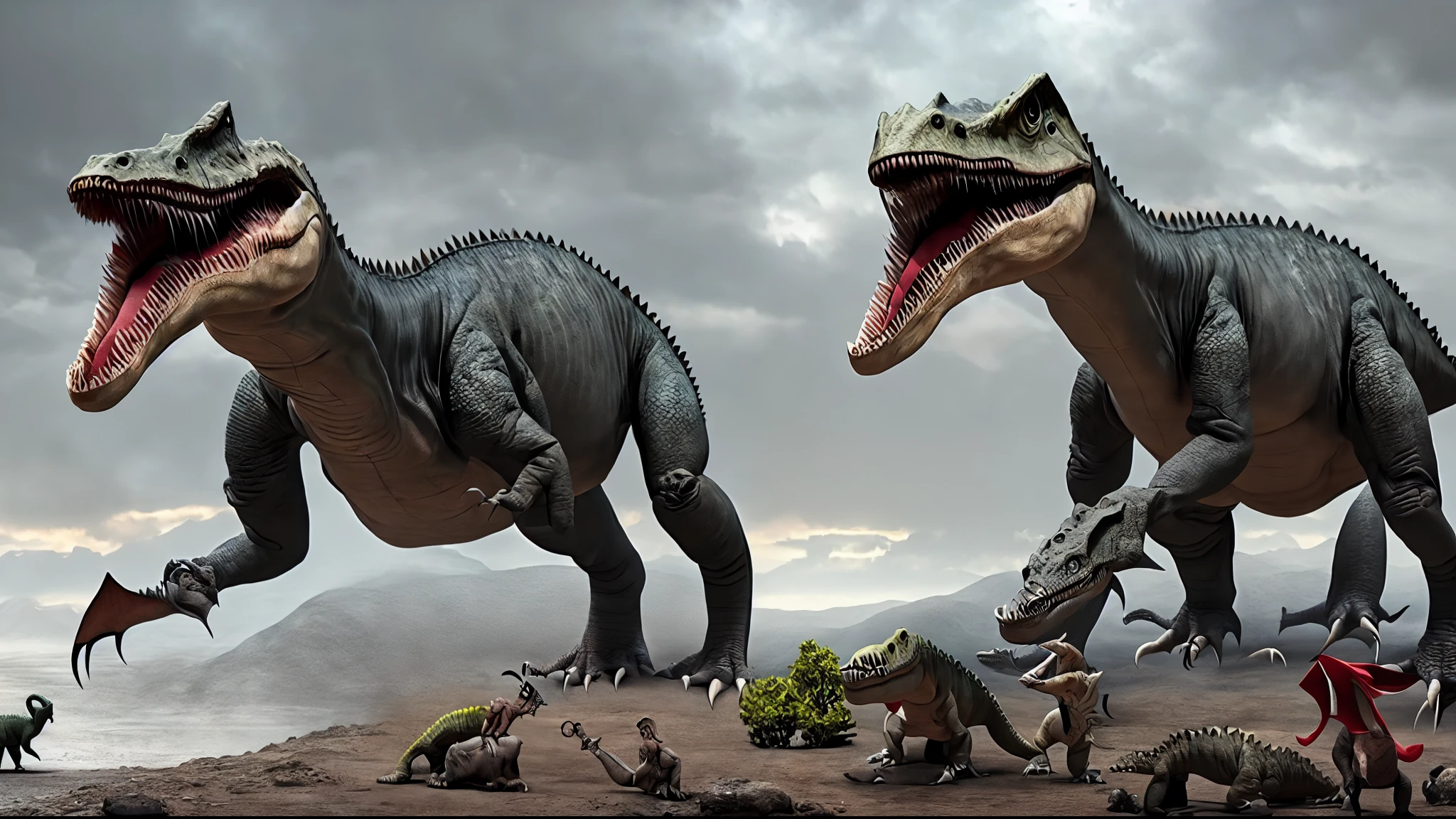 make the monsters complete with full heads and jaws, dinosaur reptiles, refine the image with better sharpness and resolution, improve and correct faces a lot, quality character render; OLED, frame, art by Romaine Brooks, intricate, lexemes, scRGB, shadow, beautiful lighting, powerful, art by Arnold Mesches, divine; production quality cinema model; excepcional masterpiece