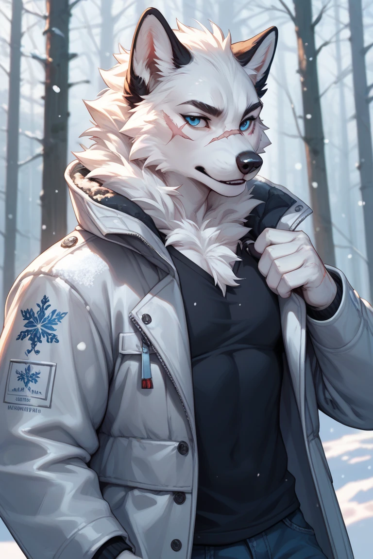 a complete body, Anthropomorphic wolf boy wearing a blue hoodie, pants and a red scarf around the neck, beautiful face , posing for a photo on a hill at night with a city in the distance