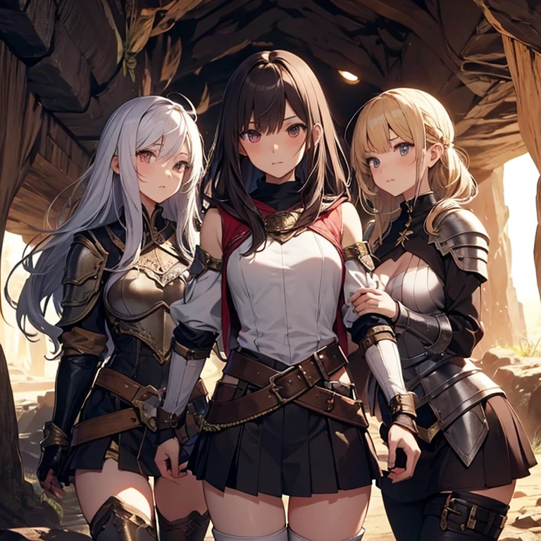 A group of female medieval fantasy adventurers, (in cave), various hair styles, harem, dark, details face, short skirt, seducing, sleeveless, armor