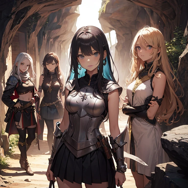 A group of female knight, (in cave), various hair styles, harem, wearing armored clothes, metal armor, night, details face, , short skirt, seducing, sword, showing armpits, sleeveless, erotic