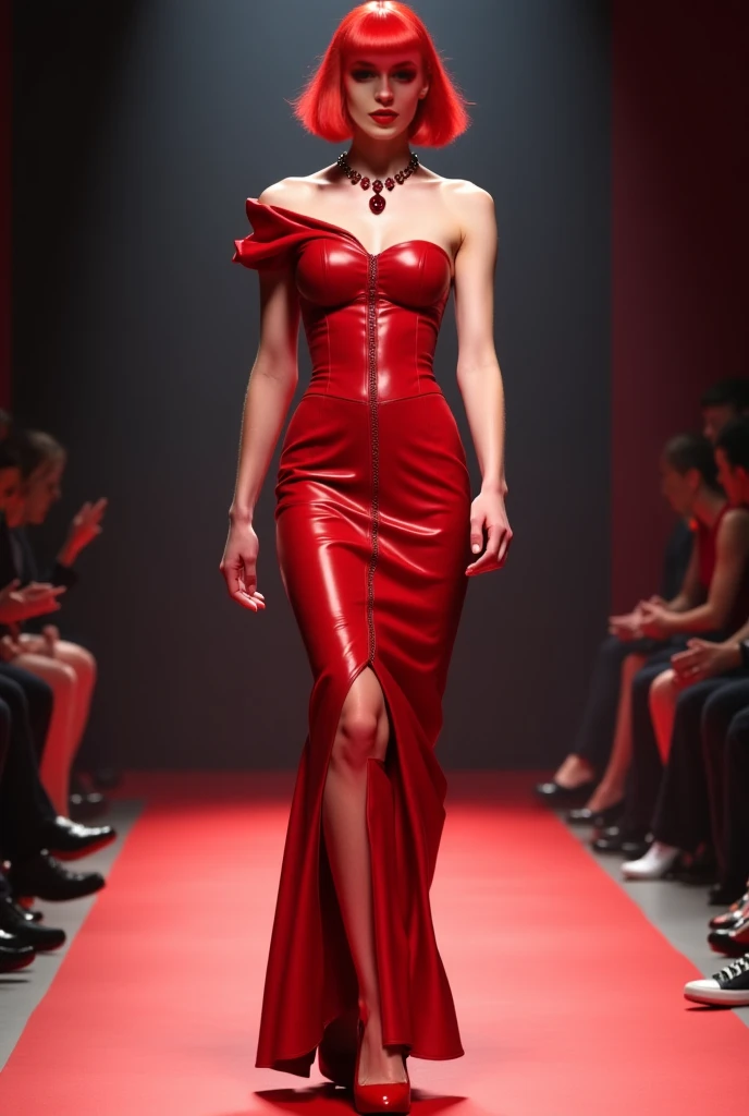(Best quality, 8k, 32k, Masterpiece, UHD:1.2),Photo of Pretty Japanese woman, 1girl, (medium-short dark brown hair), double eyelid, fashion model,1.77meters， beautiful legs, unique maxi very wet red dress with slit, off-shoulder, gold belt, choker, stand tall, runway, huge stage, Paris Collection, nsfw, full body, see through,,