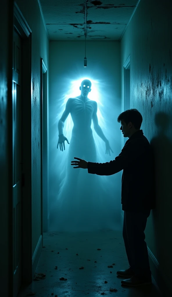 Personnage masculin transparent on voit à travers lui, avec des blessures profondes, avec les yeux tout noir, il porte un jean, ghost, in a house, effrayant...