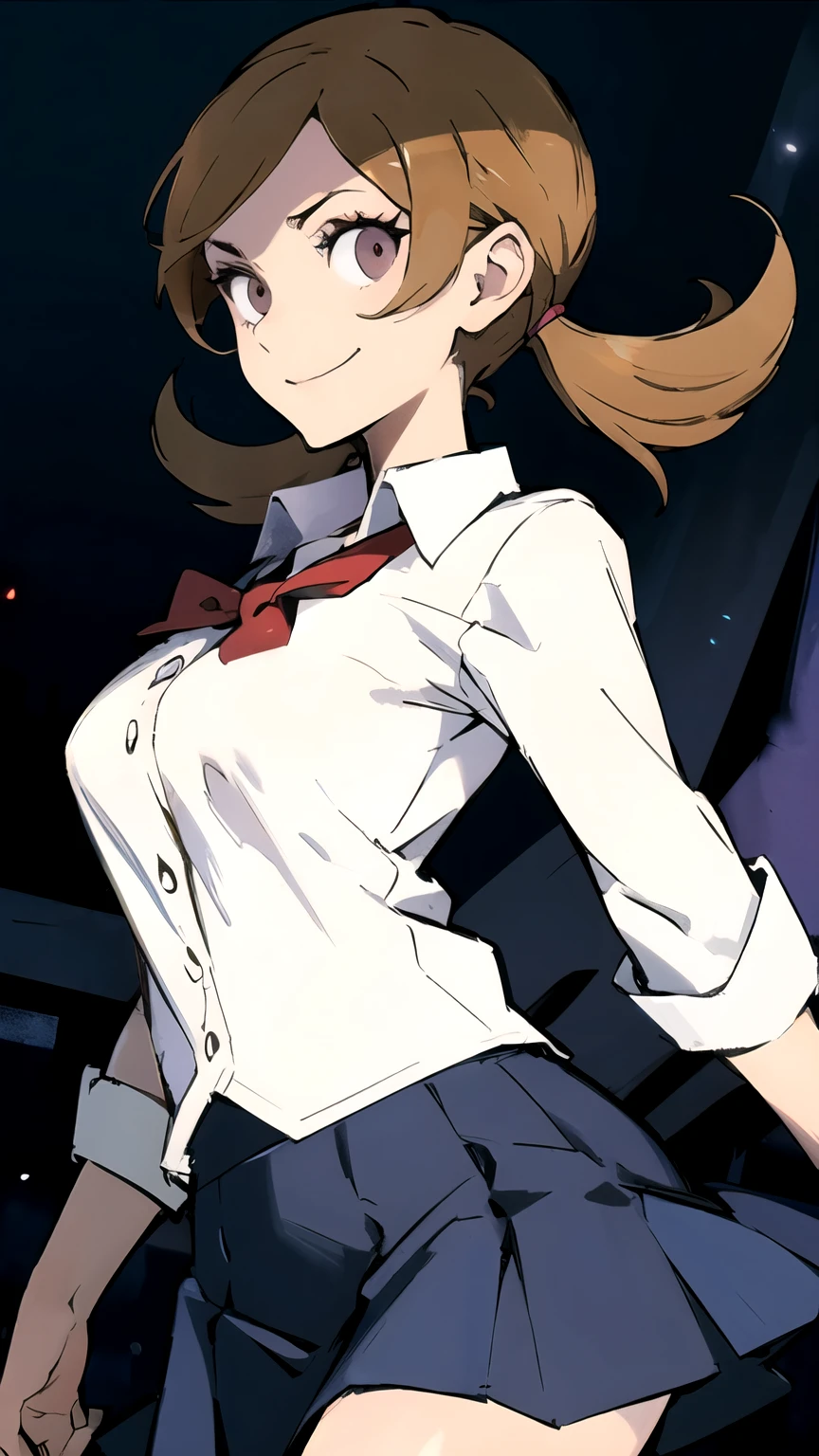{ masterpiece : best quality } {: : Anime_artstyle_LoRA } {horror_edit} {} { dark_creepy_room } ( ly01, white_shirt : arm_sleeves : skirt : school_uniform, eyelashes perfectly_shaped_breast : perfectly_slender_body : dynamic_angle_view ) ( ) ( : pose : dynamic_angle_view } { devious : smile : evil}