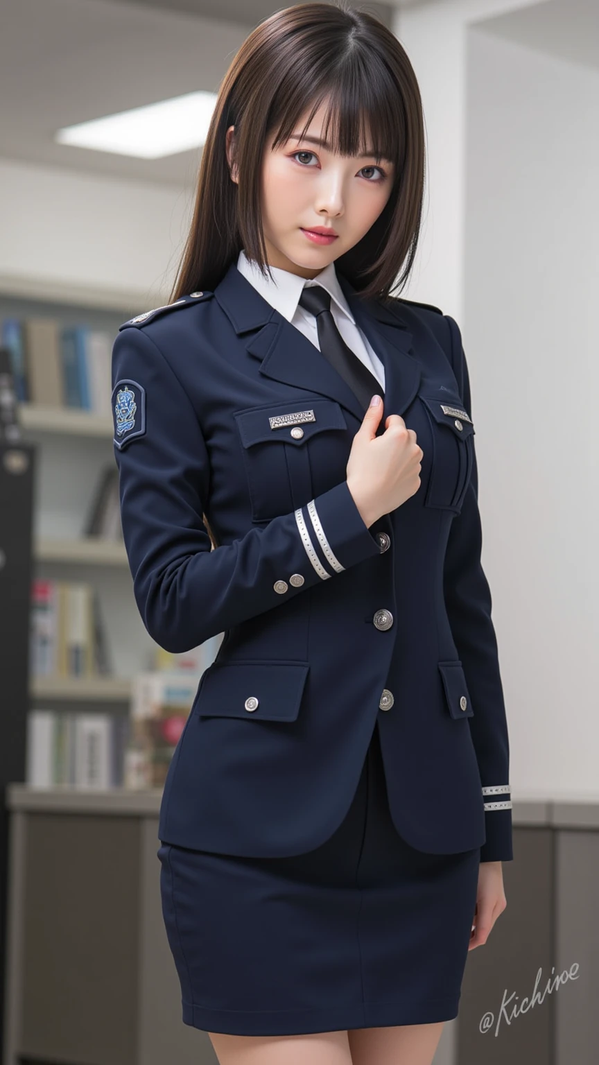 16K quality、Highest quality, It is high resolution., Real photo、((Standing posture facing forward、Full body portrait))、(((20代のSilver Hairのfemale police officer)))、(((She is rolling up her plain navy blue tight skirt with both hands.、A navy blue tight skirt rolls up、White pantiesを露出:1.5)))、((night:1.5))、((Tokyo roads、Police car))、(((Police blue uniform、Police blue blazer、Police blue mini tight skirt、Long sleeve、White panties:1.5)))、She is rolling up her micro mini tight skirt with both hands.、((Pure white high-leg panties))、(Police hat)、((Green armband))、(((Gold Button、Police emblem)))、(Police Pantyhose)、(((Beautiful silver hair、Put out your ears、Updo Hair、Mid-length hair、Silver Hair:1.3)))、((Black high heels))、Shiny earrings、choker、((blue eyes))、((Embarrassed expression、blush))、Beautiful legs、(Big eyes、No makeup、Very beautiful and subtle makeup, Light makeup,)、 Beautiful eyeshadow、Perfect body、Perfect hands、Perfect Fingers、Detailed and beautiful thin lips、A clear, beautiful face and well-proportioned eyes、Highly detailed eyes and face、Long eyelashes、double eyelid、A neat nose、Thin eyebrows、Border Light、Realistic Light、 Cute round face, Plump thighs、Accentuate your thighs、Hairstyle with bangs、Slender body、slim、Light-reflecting skin、Model body type、8Head to Body、Low - Angle、The light reflected in your eyes、Smaller face、Lip gloss、Looking away、Background blur、Movie lighting from the front、Light on face