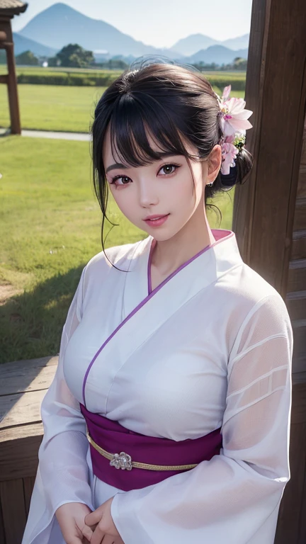 (logo、masterpiece、8K、Tabletop、RAW Photos、wonderful、最high quality、フォトリアリスティックでVery detailedな CG 複合 8K 壁紙、high quality、Very detailed、Narrative poem、Particle Effects、Dynamic Effects、Depth of the Boundary、Cinematic Light、Lens flare、Ray Tracing）、 (One beautiful woman wearing a yukata、White yukata、Light purple pattern)、Black-haired、High definition skin、Very fine、Fine skin texture、Beautiful Face、True Face、Beautiful details in the eyes、Realistic eyes、Beautifully detailed eyes、Realistic Skin、Beautiful Skin、Surreal、Smiling Eyes、Hair and light eyes、vivid、Colorful lights and bokeh、plump lower lip、Pink Lips、Hair flutters in Wind、Hair bounces、wonderful景色、night、evening、Wind、moonlight、moonlight、light