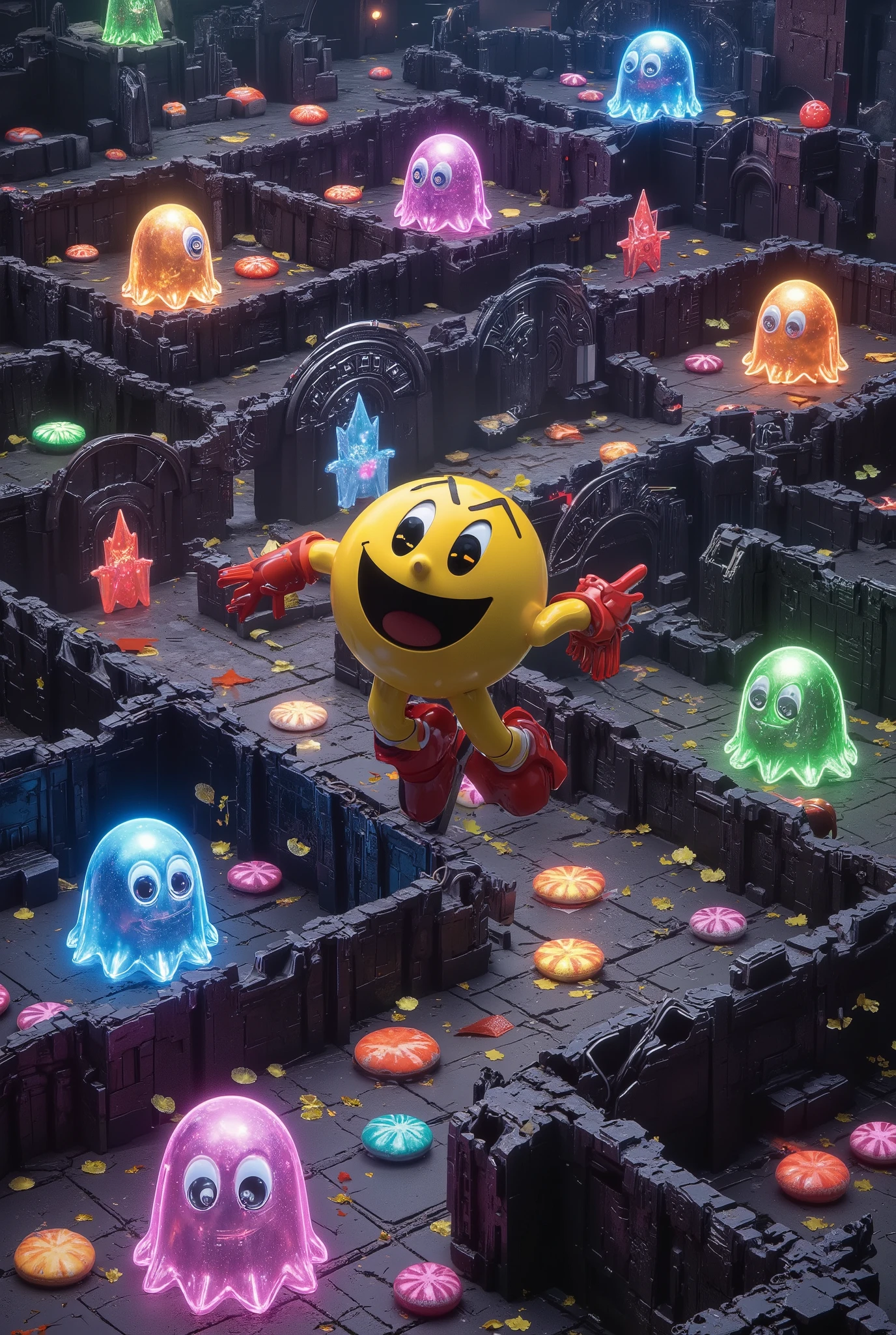 (pacmam) che salta in giro per un castello eating pills, in un labirinto. mostri. multicolor glowing ghosts. fantasy, 8k , ultra affilato, dettagli degli ornamenti, extremely_clear, realism, ultrarealistic,, insane details, intricate details, highres, ultra_high_res, photography, vivid colors,