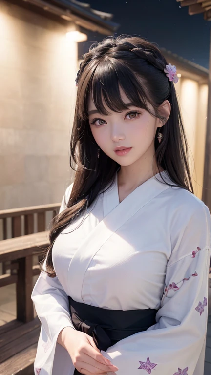 Top quality, 8k, 32k, Masterpiece, photorealistic, realistic, (photorealistic:1,4), solo, slight smile, dramatic lighting, professional makeup, breasts, (natural big breasts: 1.3), (seductive), beautiful white face shining, beautiful face, pink cheeks, beautiful lips, porcelain skin, detail intricate, super detailed, super high, highest detailed, high detailed, delicate, incredible detailed, fine detailed, cinematic lighting, top quality, smooth and beautiful, CG, unity, 8k wallpaper, Stunning, fine detail, unity CG wallpaper 8k ultra-detailed, large file size, ultra-detailed, high resolution, incredible detail, stunning detail, depth of field, kanaotsuyuri, kanao tsuyuri, black hair, butterfly, butterfly hair ornament, (purple eyes:1.1), side ponytail, ponytail,
BREAK black skirt, cape, demon slayer uniform, long sleeves, pleated skirt, skirt, white cape,
BREAK looking at viewer, directly