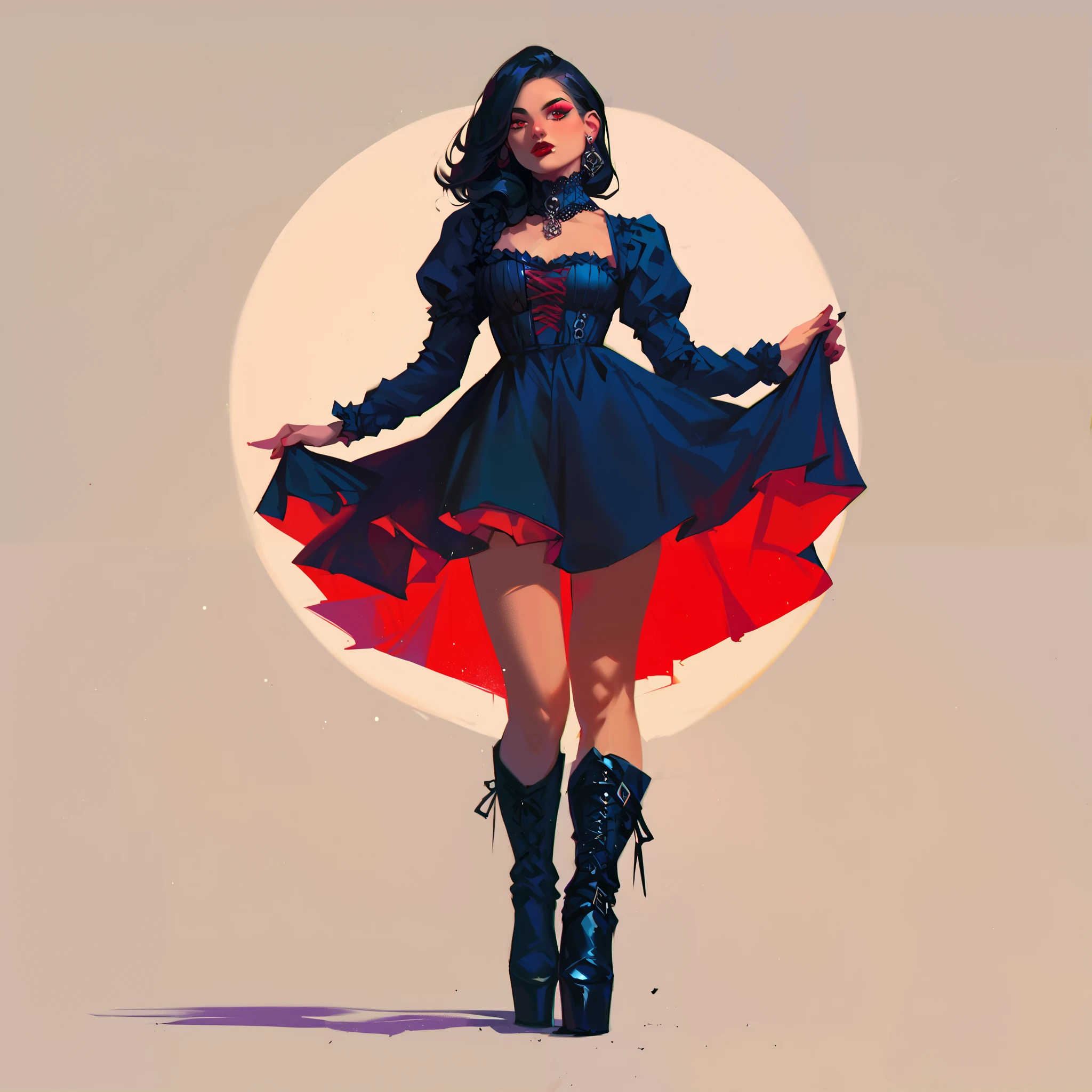 score_9, score_8_up, score_7_up, score_6_up, score_5_up, score_4_up, did vaporwave style, Red eyes, a pale complexion, long black hair (to the middle of the back if you need specifics), dark red lipstick, medieval gothic attire, black platform boots