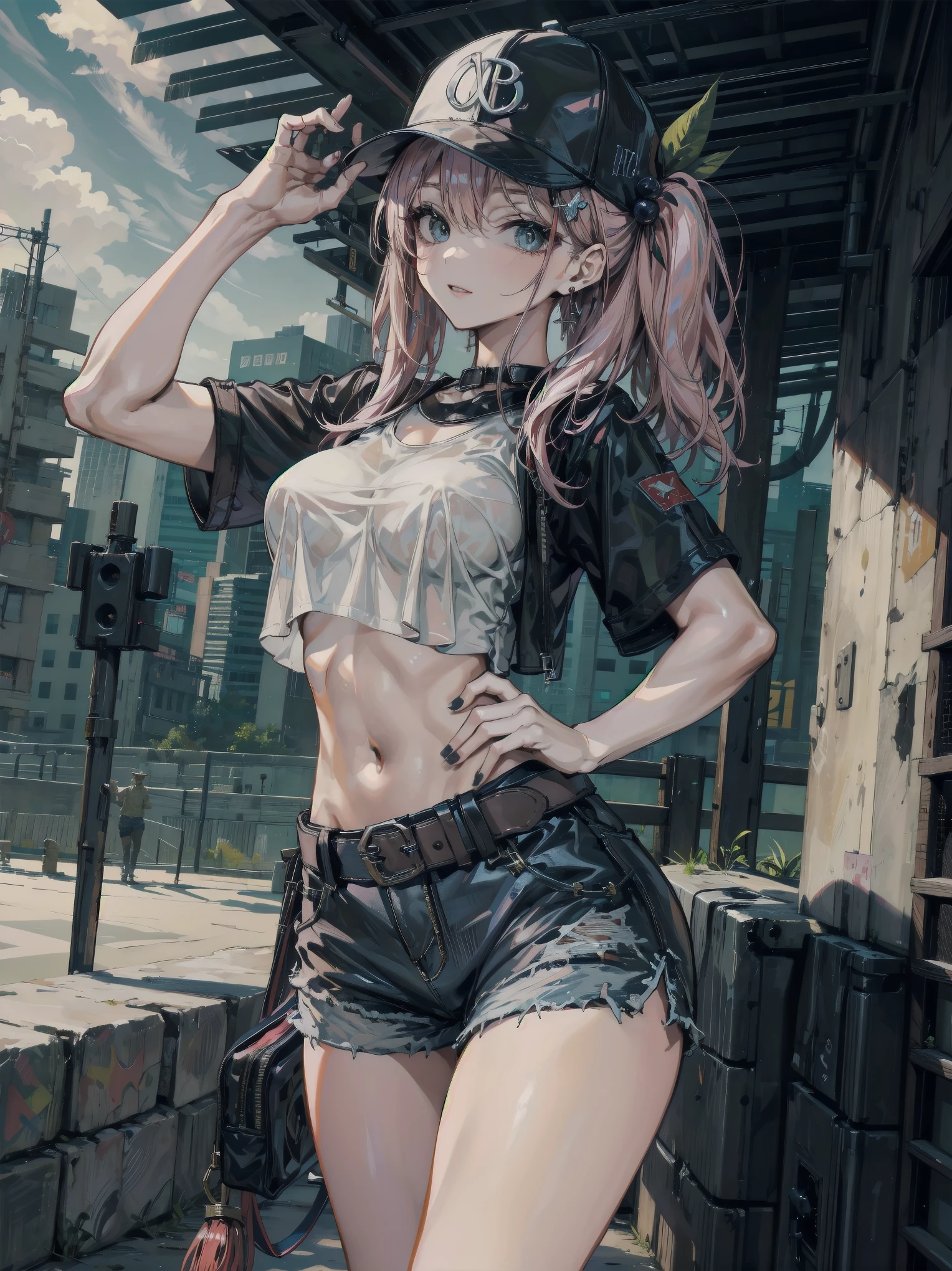 (masterpiece, best quality:1.2), 1girl, solo, shorts, thighhighs, pale skin, blunt bangs, straight hair, breasts, pink hair, long hair, white thighhighs, short shorts, hair pin, strapless, looking at viewer, black shorts, crop top, belt, yellow hoodie, bangs, bandages, large breasts, hair ornament
