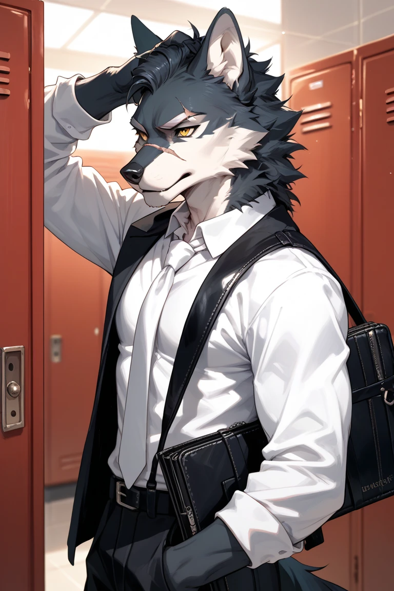 (best quality, masterpiece:1), furry male anthro legoshi wolf, solo, standing, bare chest, body fur, white dress shirt, open shirt, grey necktie, striped pants, sleeves rolled up, looking at viewer, open mouth, sharp teeth, angry, abstract background, detailed octane render,  black eyes, small pupils, tail, macro. Hand reaching the ceiling 