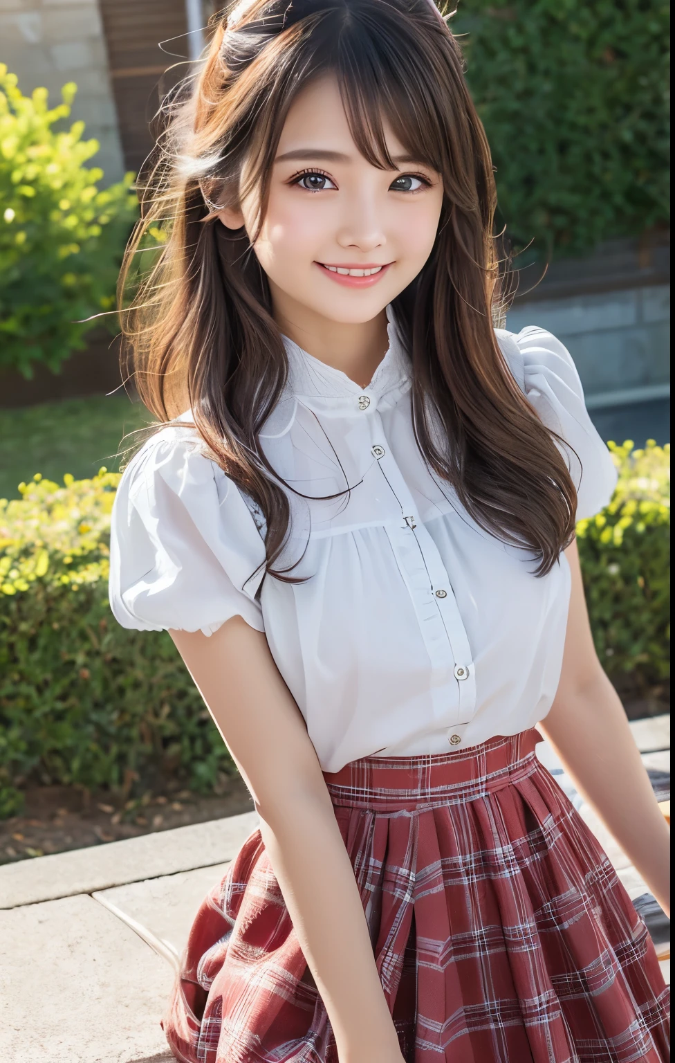 The scenery is a street lined with summer clothing stores. Meanwhile, a young girl is standing with a smile. She wears a blouse with white ruffles, which also has a white ribon. Wearing a pleated skirt with red tartan check. Her hair is twin-tailed with thick bangs and is aligned. The girl is looking around with a curious expression and seems to be preparing for a new adventure. With details that are exquisitely reproduced down to the smallest detail, please express her expression and even the texture of the fabric of the clothes. In the highest quality, draw a full-length picture of her as a fashionable, fashion snap model.