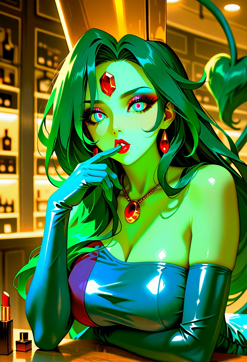 a female who has hazel eyes and green hair. Her true form is that of a tall, fully-grown curvaceous and well-endowed adult with long waving green hair. Notably, she has a scar and the crimson line that runs across her face, and pronounced lower canine teeth. Her gown is now torn into a skirt and a top, connected with a single strip across her abdomen.