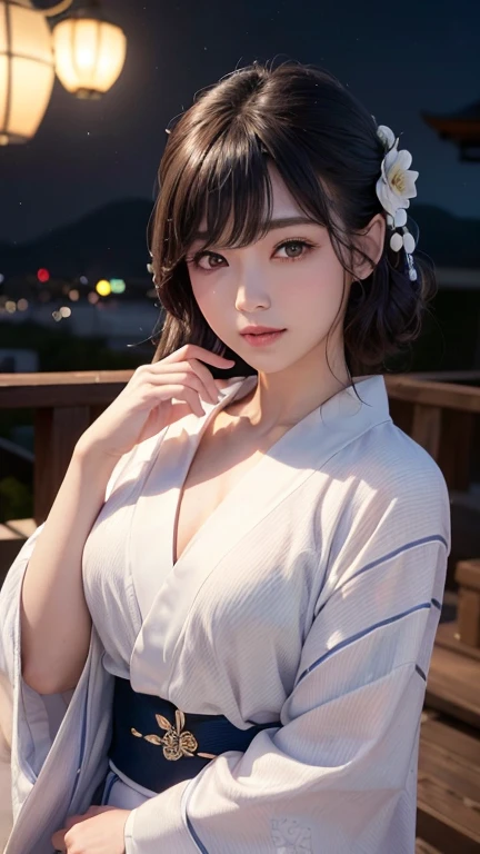 (logo、masterpiece、8K、Tabletop、RAW Photos、wonderful、最high quality、フォトリアリスティックでVery detailedな CG 複合 8K 壁紙、high quality、Very detailed、Narrative poem、Particle Effects、Dynamic Effects、Depth of the Boundary、Cinematic Light、Lens flare、Ray Tracing)、 (One beautiful woman wearing a yukata、White yukata、Light purple pattern)、Black-haired、High definition skin、Very fine、Fine skin texture、Beautiful Face、True Face、Beautiful details in the eyes、Realistic eyes、Beautifully detailed eyes、Realistic Skin、Beautiful Skin、Surreal、Smiling Eyes、Hair and light eyes、vivid、Colorful lights and bokeh、plump lower lip、Pink Lips、Hair flutters in Wind、Hair bounces、wonderful景色、night、evening、Wind、moonlight、moonlight、light