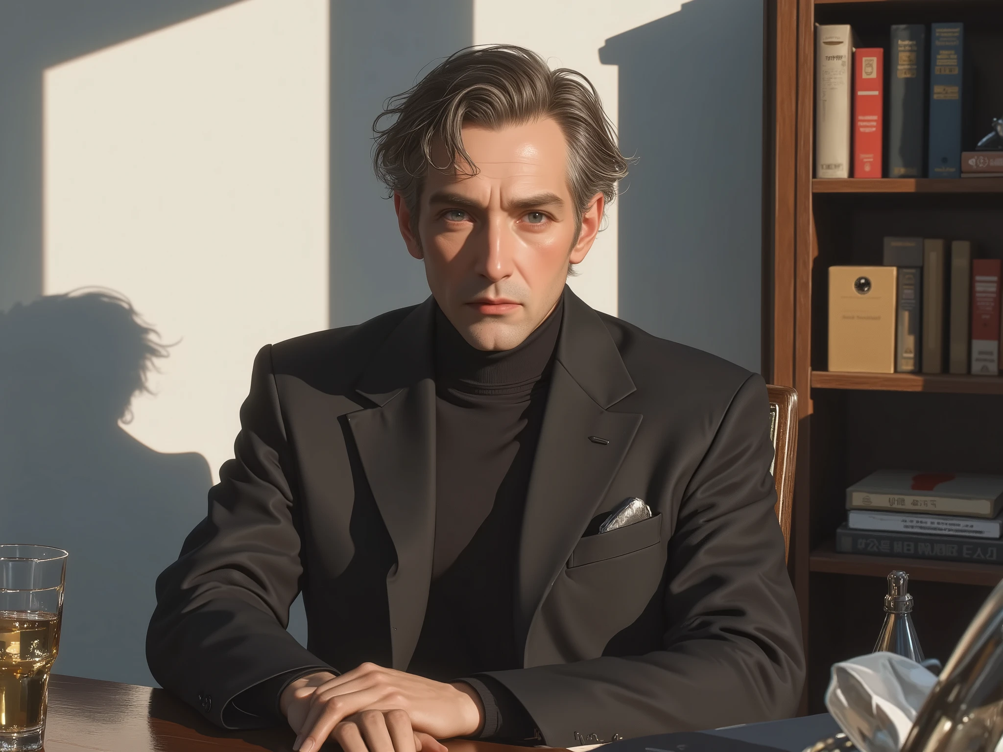 An elegant grandfather of fifty-five years old, brown hair with gray hair, fine wrinkles, brown eyes, in a jacket, at a table in a private modern, bright office