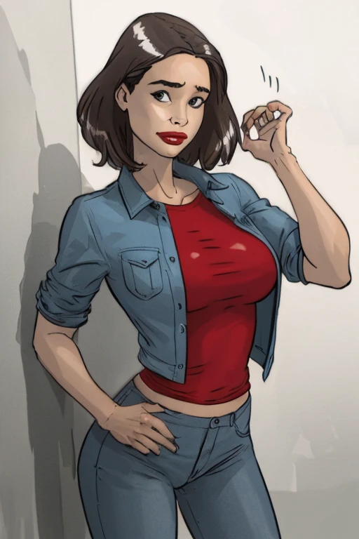 Thin woman, beautiful smiling, seducing gaze, blue stewardess uniform, red scarf around neck with v-neck, black belt on mid-length blue skirt, fair skin with small moles, Short red hair (80’s), eyes browns, busty. comic style, white background.