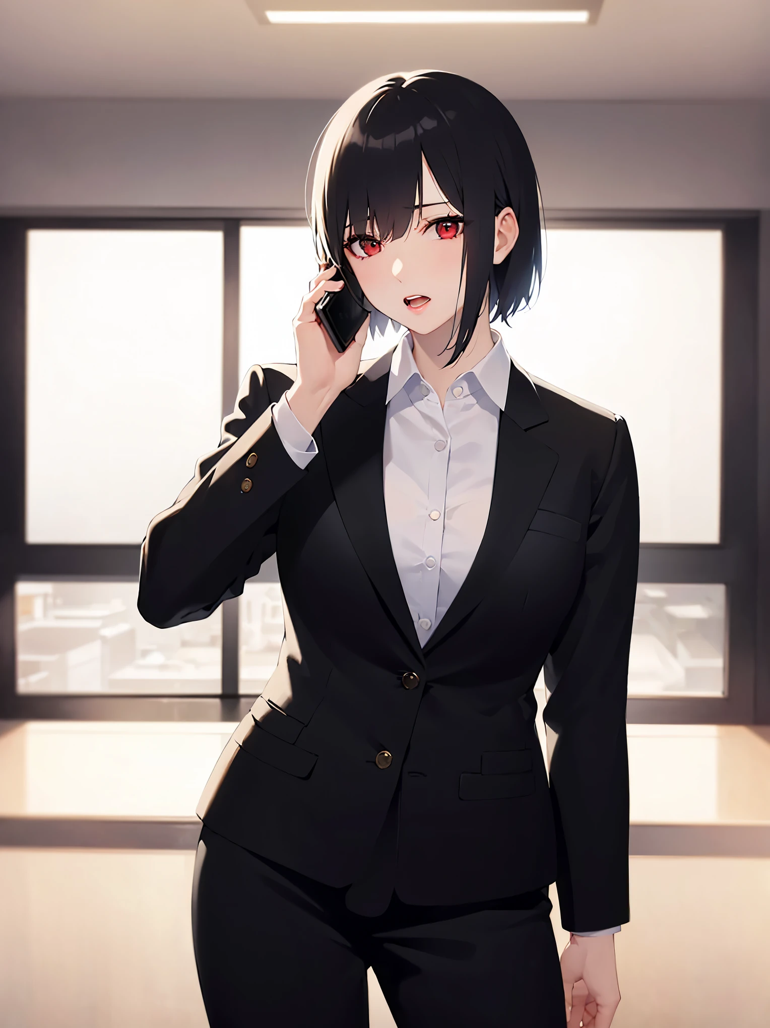 Realistic, real person, (pale skin: 1.2), RAW photo, photorealistic, shiny skin, shiny hair, (33-year-old woman) and (bob cut) and (hair between eyes) and (black hair) and (red eyes), BREAK(Business suit) and (white collared shirt)BREAK, (confused:1.3),(open mouth),The background is a conference room, (alone:1.5),cowboy shot,(talking on phone:1.5),