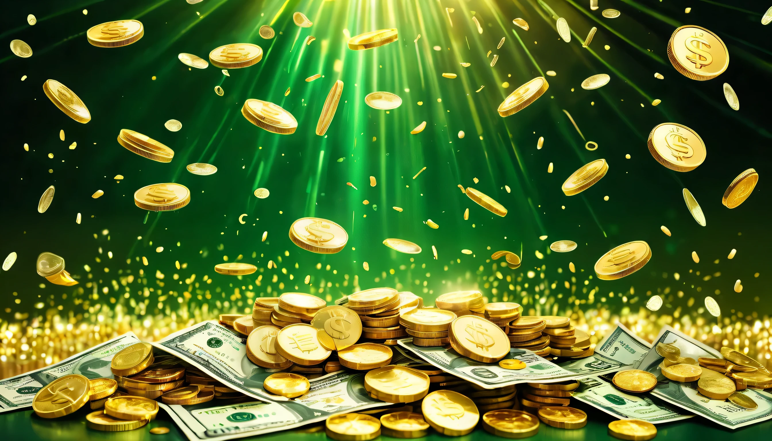 A close up of a pile of money with gold coins falling - SeaArt AI