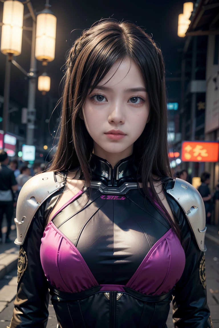 (highest quality、8K、32k、masterpiece、UHD:1.2、perfect body beauty:1.5、Wearing a futuristic hero suit with a pale pink and white shine:1.5、rain、street、Cute 25 year old Japan woman、big and full breasts:1.5、ponytail、Upper body、front、simple background、looking at the viewer、dynamic pose:1.8、sunlight pours down、NSWF:1.5