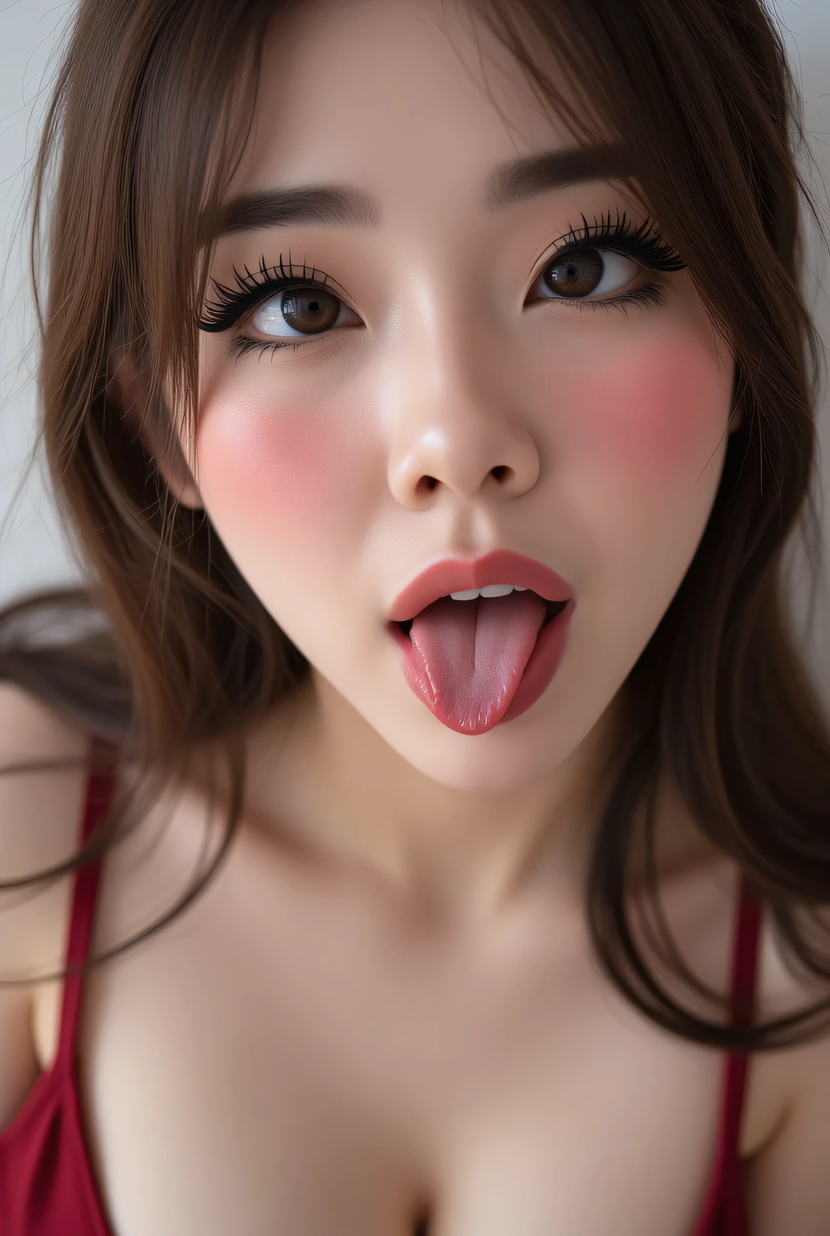 ((Best Quality, 8K, Masterpiece: 1.3)), perfect young korean e-girl streamer makeup, tank top that emphasize perfect big cleavage, cleavage line is slightly exposed, wide round-shaped cleavage line going down perfectly as being squeezed, amazing breast enhancement, refresh, hard blush make up: 1.5, perfect long strong thick winged eyeliner, perfect winged eyeliner, perfect soft cleavage, eagerly desires your cum on her breasts, tongue out, perfect , chubby chin, , beautiful eyes detail, upper body composition, perfect full red lips, lively face, lustful look, perfect squeezed breast cleavage line, rounded cleavage line, feeling exceptionally raw and seduced, perfection, perfect mascara, skin detail, she absolutely fucking loves the cum on her breasts, she absolutely fucking loves showing her cleavage to you, refined eyelashes, refined eyeliner, perfect composition, she craves you strongly, looking at you, leaning very forward, white highlight in eyes , begging, nsfw: 1.3, tongue out: 1.3, she's like "mhm you like my amazing breasts?”, extremely excited to see you orgasm, perfect soft natural like breast that gives a clear perfect soft cleavage, long eye lashes: 1.3, beautifully and perfect eye, beautiful, dazzling brown eyes: 1.3, at the verge of climax, ahegao, camera frames in whole body, thick eye brows, ahegao eyes staring at you: 1.3, standing, detailed skin