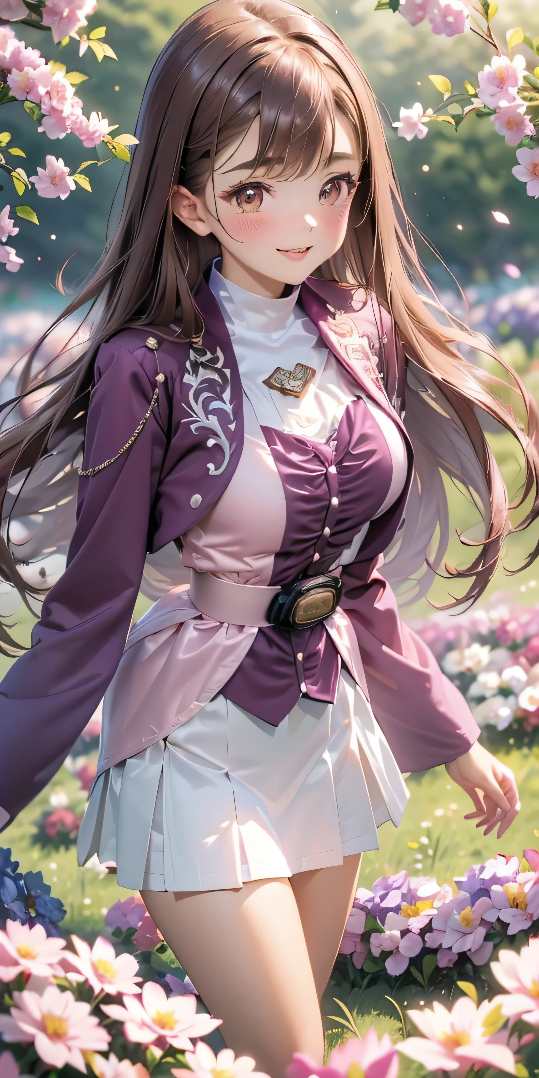 (High-definition CG), ( best quality),(( frontal view)),((Flower Field)), one woman, perfect face, crying, shiny skin , wide hips, thin waist, purple bolero jacket ,, Long Sleeve, (( white skirt)), pink belt , (( brown hair)), ((Straight Hair)), ((Composition showing the part above the knee where the eyebrows are bent in the shape of a C )), smiling ,(( standing picture)),