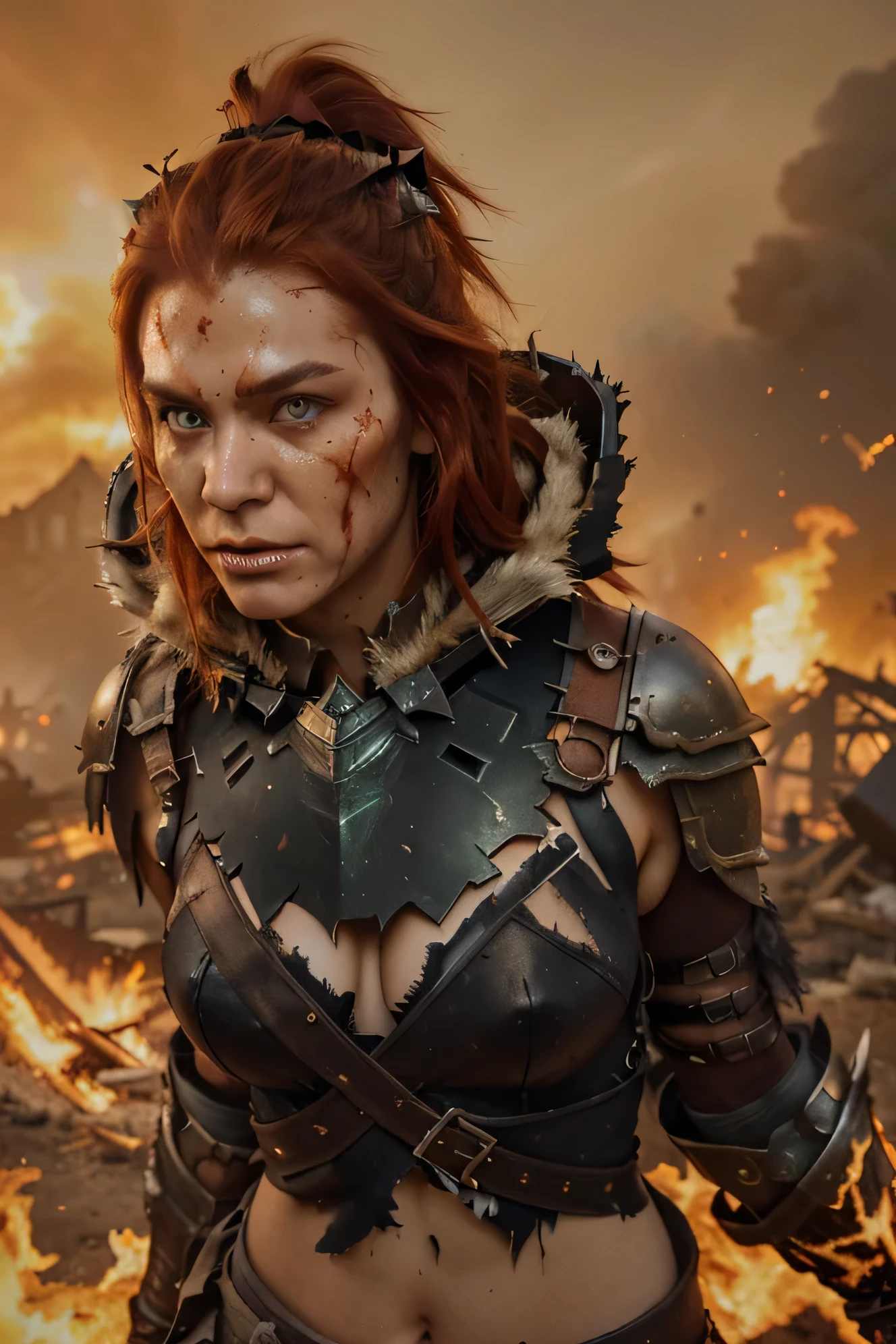 (best quality:1.4), (ultra highres:1.2), (photorealistic:1.4), (8k, RAW photo:1.2), ultra detailed, break, Stormy rainy skies clouds,  a ginger woman, (highly detailed dark eyes looking at viewer:1.4), highly detailed wet face, 1girl, female warrior, highlight short red hair, soaking wet hair, medium breasts, [little_freckles], Facial skin soiled by battle, [[Blood splatter]],  leather and worn scratched used wet metal armor,fur, sword belt, break, fighting stance, wind, cinematic lighting, realistic, dramatic light, break, Rain falls on the battlefield , dark_Smokes, fireflies,piles of dead corpses,  Medieval_battlefield_ravaged_by_war_background, solo focus, 