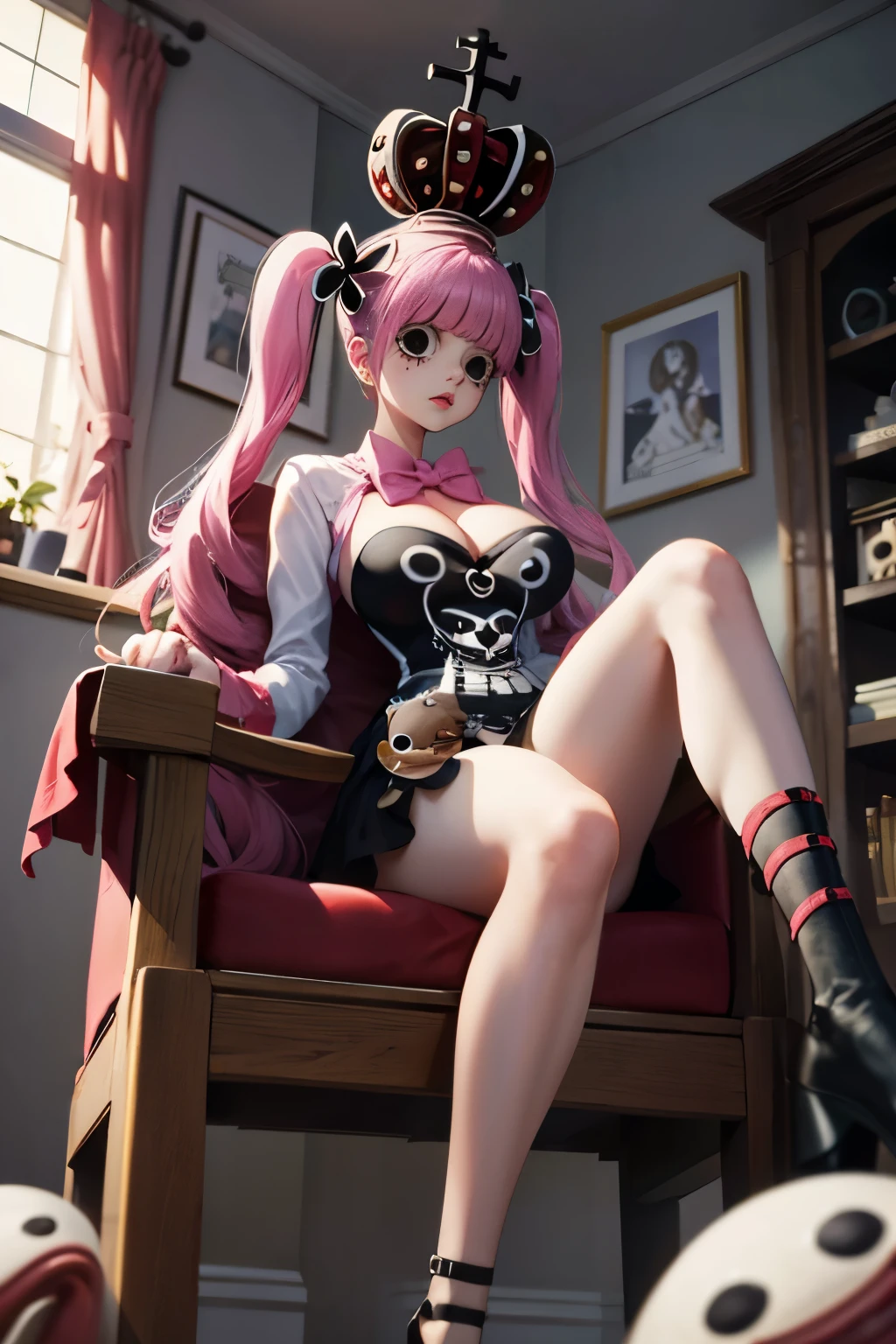 Perona, onepiece, Wearing a crown, Pink twin tails, Long Hair, Have a stuffed bear, Kumasi, There are white transparent hologhosts floating around, sitting on an antique chair, Crossing your legs, (((masterpiece:1.4))), (highest quality:1.4), (Ultra-high resolution:1.4), (best quality:1.2), (ultra detail:1.3), 16K, (((Tim Burton style))), with a handmade premium look, (Cleavage, Big Breasts), ((View from below and ground level shot)),