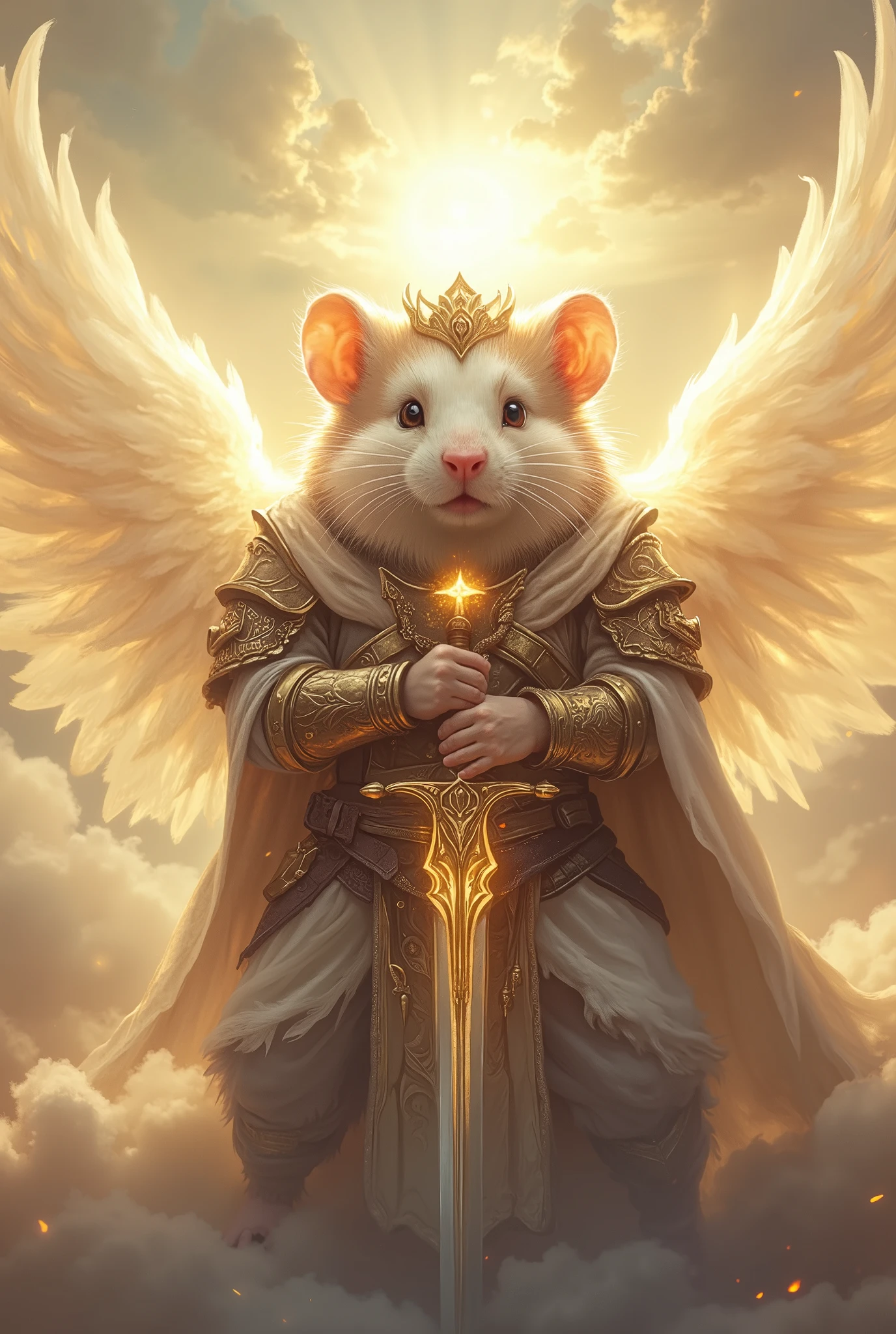fall Angelic Hamster ,fantasy armor, masterpiece, Best quality, Super Detail,4K, standing in a bright sea of clouds, bright light in the background , extremely detailed 8k photo with very realistic presentation, dramatic lighting , kinematic composition, epic fantasy scene ,fluffy,Holds holy sword , half dark ,Half light ,YING YANG