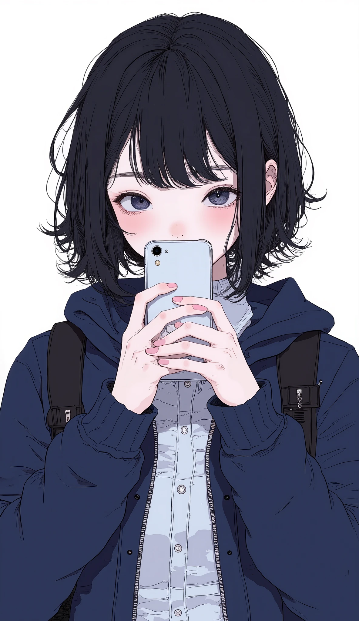 Anime girl with black hair holding a cell phone in her hand - SeaArt AI