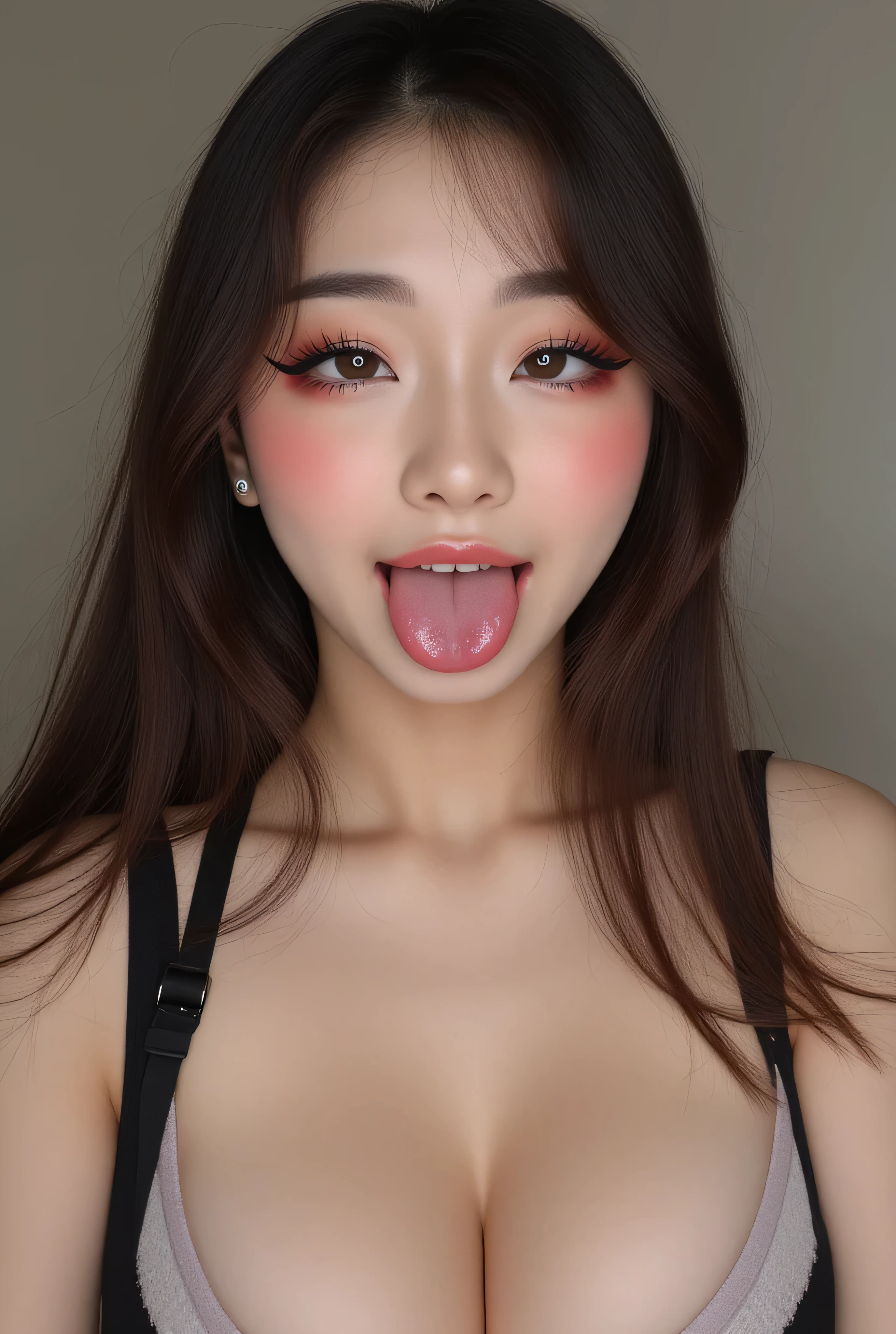 ((Best Quality, 8K, Masterpiece: 1.3)), perfect young korean e-girl streamer makeup, tank top that emphasize perfect big cleavage, cleavage line is slightly exposed, wide round-shaped cleavage line going down perfectly as being squeezed, amazing breast enhancement, refresh, hard blush make up: 1.5, perfect long strong thick winged eyeliner, perfect winged eyeliner, perfect soft cleavage, eagerly desires your cum on her breasts, tongue out, perfect , chubby chin, baby face, beautiful eyes detail, upper body composition, perfect full red lips, lively face, lustful look, perfect squeezed breast cleavage line, rounded cleavage line, feeling exceptionally raw and seduced, perfection, perfect mascara, skin detail, she absolutely fucking loves the cum on her breasts, she absolutely fucking loves showing her cleavage to you, refined eyelashes, refined eyeliner, perfect composition, she craves you strongly, looking at you, leaning very forward, white highlight in eyes , begging, nsfw: 1.3, tongue out: 1.3, she's like "mhm you like my amazing breasts?”, extremely excited to see you orgasm, perfect soft natural like breast that gives a clear perfect soft cleavage, long eye lashes: 1.3, beautifully and perfect eye, beautiful, dazzling brown eyes: 1.3, at the verge of climax, ahegao, camera frames in whole body, thick eye brows, ahegao eyes staring at you: 1.6, standing, detailed skin