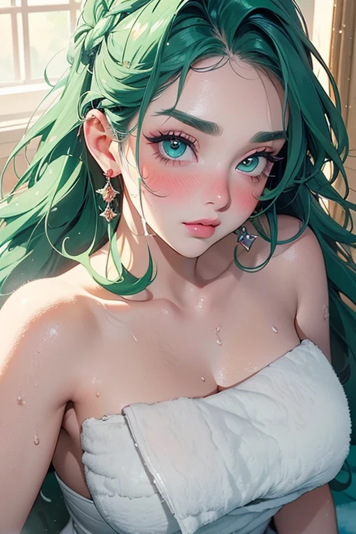 femele、Burst breasts、Overexposed、elementary student、laying on back、The long-haired、Green hair、barechested、full bodyesbian、a bed、It's wet、Pussy