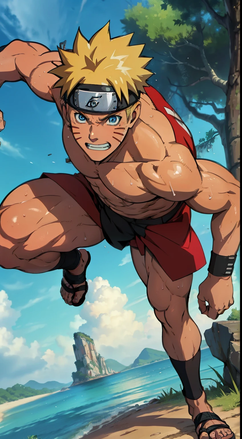 (Full body) (photo subject: Close-up of muscular thigh muscles ) (photo angle from bottom up)(Drawings of Naruto anime) (photo angle from the ground upwards) [Anime photo][highest quality photo][4k,HD photo quality ] wear tight and short loincloths   (muscular thigh muscles, firm thigh muscles, muscular thigh muscles, sinewy thigh muscles, giant thigh muscles, strong leg muscles, muscular hamstring leg muscles) ,Uzumaki Naruto fun, happy,bodybuilder,bodybuilding, standing, red skin,reddish brown skin, lots of sweat flowing down, topless, shirtless, hot sunny, (do not wear banners,do not wear headbands)