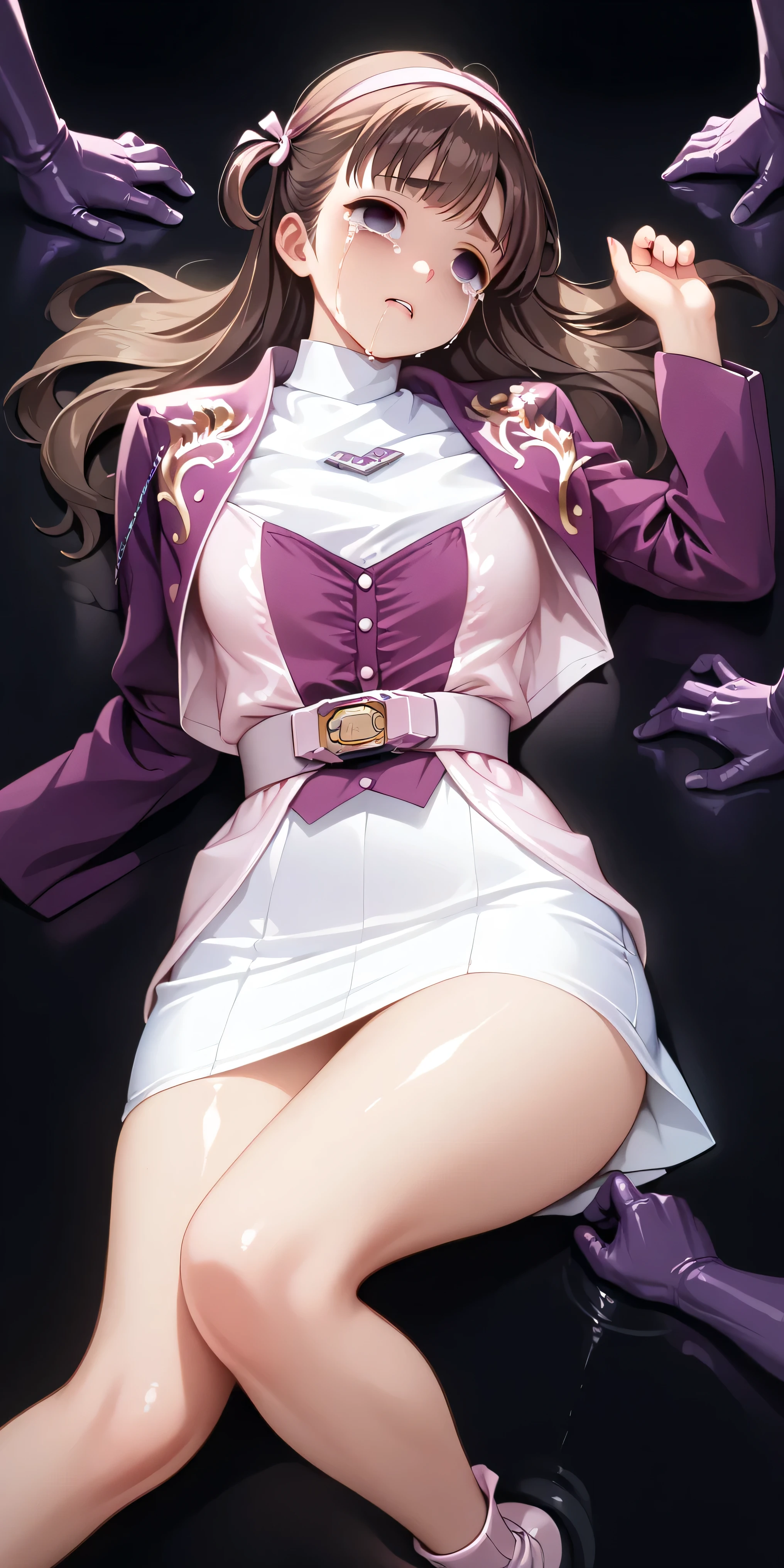 ( High-definition CG), ( best quality ),(( getting raped by completely naked men)),(( black background)),(( in a cave)),(( 1girl )), perfect face, shiny skin , wide hips , thin waist, purple bolero jacket , white skirt, Long Sleeve , pink belt,((brown hair color )), long straight hair ,((Composition showing the part above the knee where the eyebrows are bent in the shape of a C )),(( crying face)),((empty eyes)),((Lie on the ground with your back)),