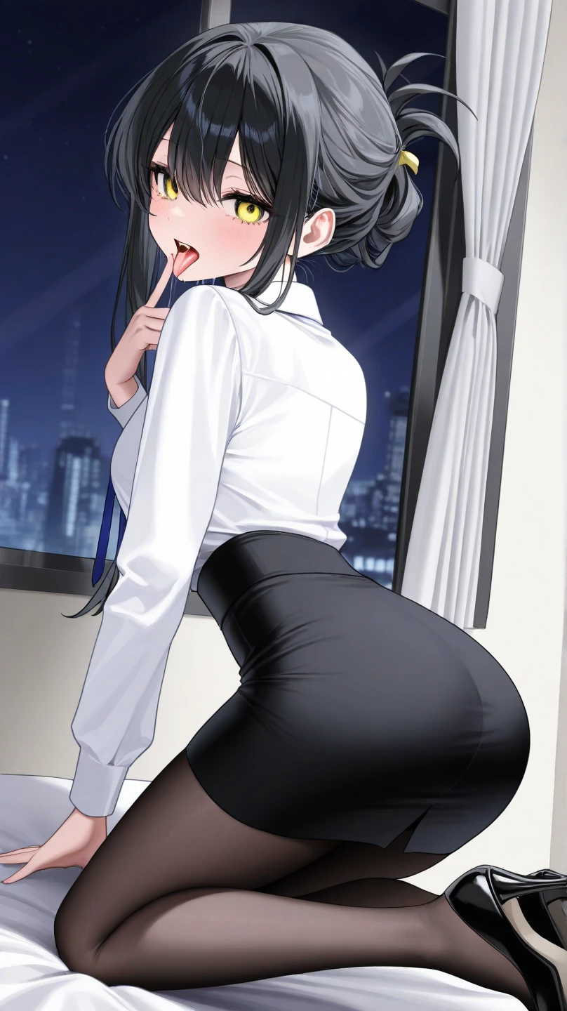 backshot 、Night view from the window 、An empty office、A woman who seems smart、 on all fours、Black hair updo、 Withstand Embarrassment and Close Your Eyes 、 open your mouth wide 、 sticks out my tongue like a dog、 raise chin、 Birch Business Suit 、Birch Tight Skirt 、 white shirt、 pantyhose、 Unruly Black Low Heel Pumps