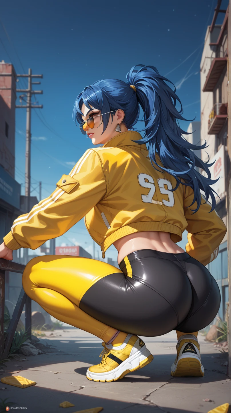 (masterpiece, best quality:1.1), ryouko_(tenchi_muyou!), from behind, smile, 1girl, solo, big hair, blue hair, spiked hair, pointy ears, red earrings, puffy sleeves, pelvic curtain, yellow eyes, large breasts, jacket, long sleeves, choker, red gloves, sash, red pantyhose, retro artstyle, <lora:RTMV1-000010:1>