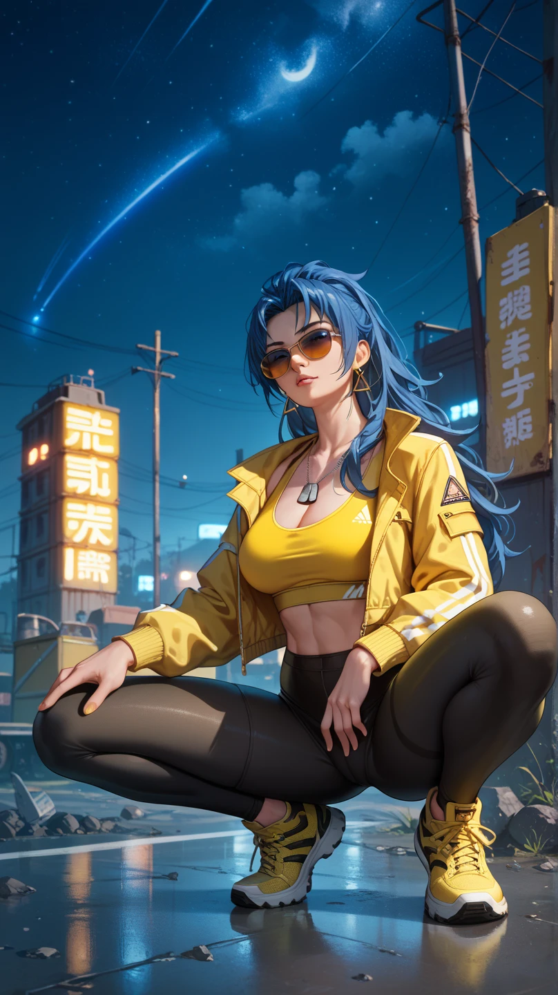 (1girl, solo, best resolution, high quality, masterpiece, ultra-detailed), light blue hair, yellow jacket, yellow eyes, on top of a roof of a skyscraper, looking sideways, legging pants, choker, red highlights, sunset