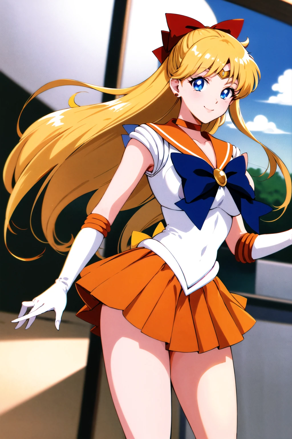 masterpiece, best quality, high resolution, venus1, 1 girl, solo, senshi sailor uniform, sailor venus, aino minako, blonde hair, magical girl, blue eyes, orange ultra mini skirt, elbow length gloves, tiara, pleated skirt , hair bow, orange sailor necklace, ultra mini skirt, choker, red bow, orange choker, white gloves, very long hair, jewelry, earrings, climbing the stairs up, close-up, smile, cowboy shot, sailor senshi uniform, sailor collar, pleated skirt, elbow gloves, in back pose, show her booty, backwards, no thong on  big booty, full body, aausagi,  close-up booty, climbing the stairs in backwards, slim girl, skinny girl , big booty.
