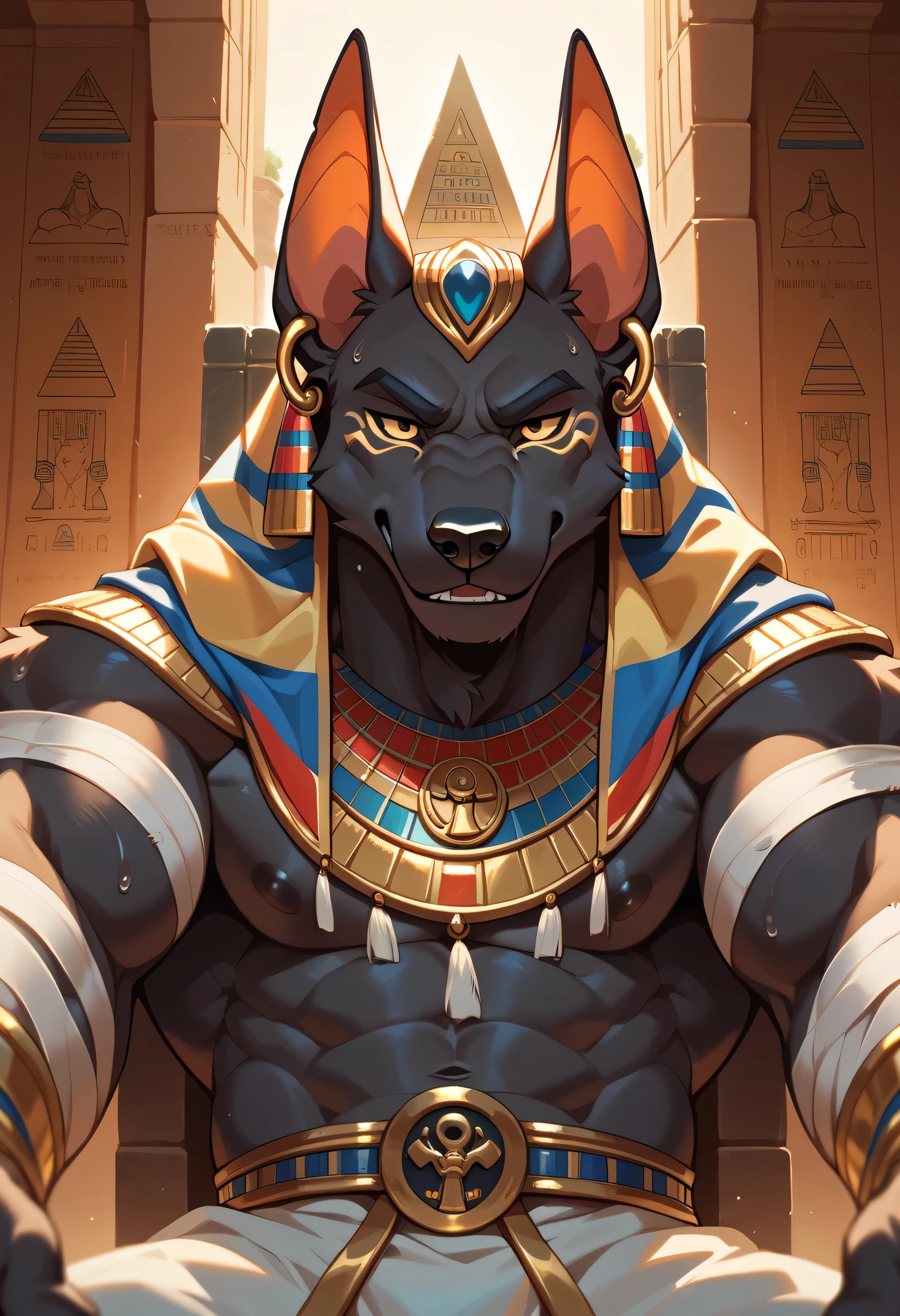 Best Quality , masterpiece, Ultra High Resolution , Detailed Background, actual , True light and dark, photo depth ,, ( furry male ), ( Black Jackal furry ), Egyptian broad-necked , Sexy body , sweaty body , bandages on your shoulders and arms, bandages around the body , pyramid, altar, morning, Morning Light, Buffy , old guy , golden eyes,Anubis, sit on the throne , close up, Buffy ,muscle, Contempt, Gold earrings, ancient runes , with black fur , All Black.Support your chin with one hand , strabismus