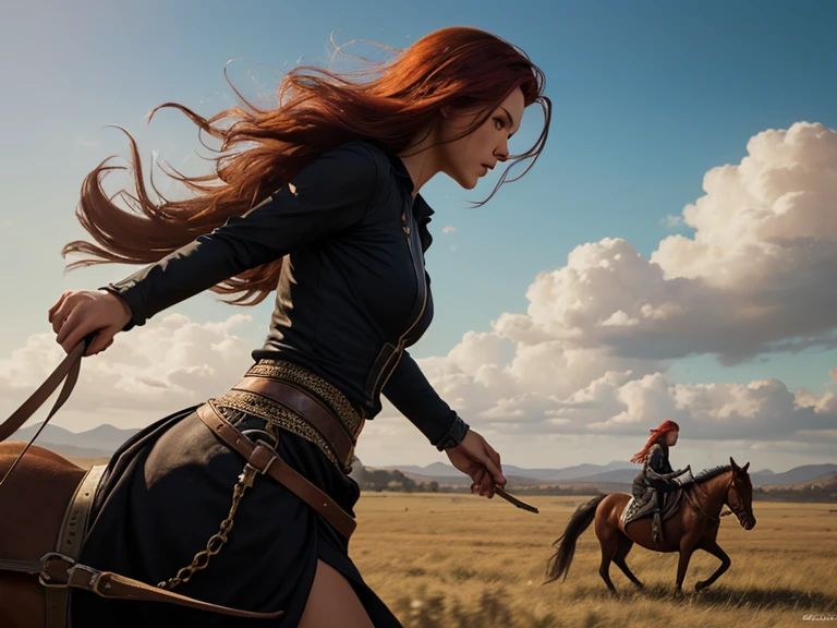 Zombie woman riding a demonic horse, redhair