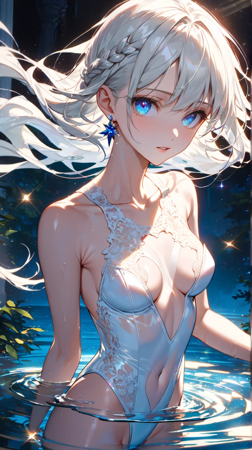 the same,
Depicts only one woman,
Golden Hair,Wet hair texture,Water dripping from hair,
(Short Hair.05),Ashime,straight,
((Black Rose))Hair Accessories,Purple Necklace,
Natural skin texture,Big ,Narrow waist,Bring both arms together,
((((White one piece dress)))),
White scarf,
(((White transparent jacket))),
Golden crown,
Neuschwanstein Castle,Garden of Roses,stand up,
11:30 PM,wood々,darkness,Starry Sky,moonlight,constellation,shooting star,
Slightly larger breasts,expression(anger),Hall々and attitude,White teeth,Closed Mouth,Narrow your eyes halfway,
blush,From the side,Sexy pose,upright posture,From the eyes(Tears)Dripping,
Natural depiction,
Beautiful depiction,
Shiny eyes,
Healthy Body,
Natural hairstyle,
Natural body contours,
Natural facial contours,
(Five fingers)A clear depiction of,Symmetrical fingers,
Two arms,Two legs,
Sharp eyelid depiction,
Symmetrical eyes,Symmetrical eyes,
Keep the subject in the center,Expand the upper body,
Beautiful image quality,
Delicate shades,
4K,Very detailed,
Delicate light adjustment,
Delicate contour drawing,
Never depict nipples,