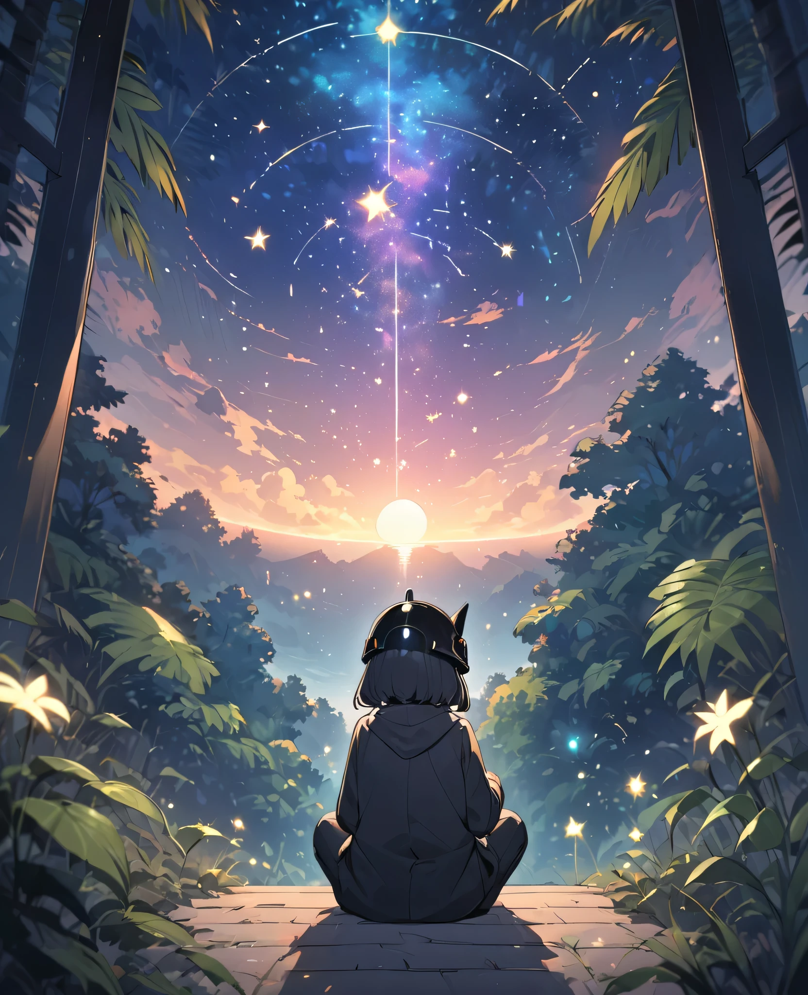 girl in a black suit tries to reach the stars, cartoon, anime and cartoon, constellations in a starry sky, sunset, raises her hand to the sky, on her knees, contemplating the stars and the moon, incredible drawing, pastel colors, view to heaven, happy and calm, resting, beautiful lights and colors, nostalgic and emotional, black helmet and black cape, in a beautiful forest, with a small waterfall, full suit, black mask, soft, lofi art,