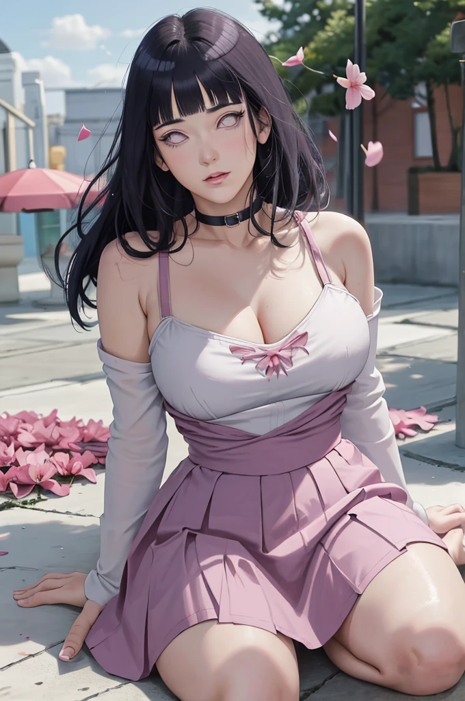 masterpiece, absurdres, hinata\(boruto\), 1girl, solo,mature female, spaghetti strap square neck, high waist short skirt, looking at viewer, (falling petals), perfect composition, detailed lips, voluptuous, beautiful face, body propotion, blush, (pink lips), long hair, purple eyes, soft gaze, super realistic, detailed, photoshoot, realistic face and body, armpits