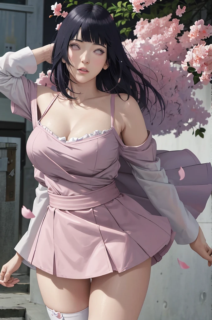masterpiece, absurdres, hinata\(boruto\), 1girl, solo,mature female, off-shoulder strap bra, high waist short skirt, looking at viewer, (falling petals), perfect composition, detailed lips, big breast, beautiful face, body propotion, blush, (pink lips), long hair,  purple eyes,  soft gaze,  super realistic, detailed, photoshoot, realistic face and body,