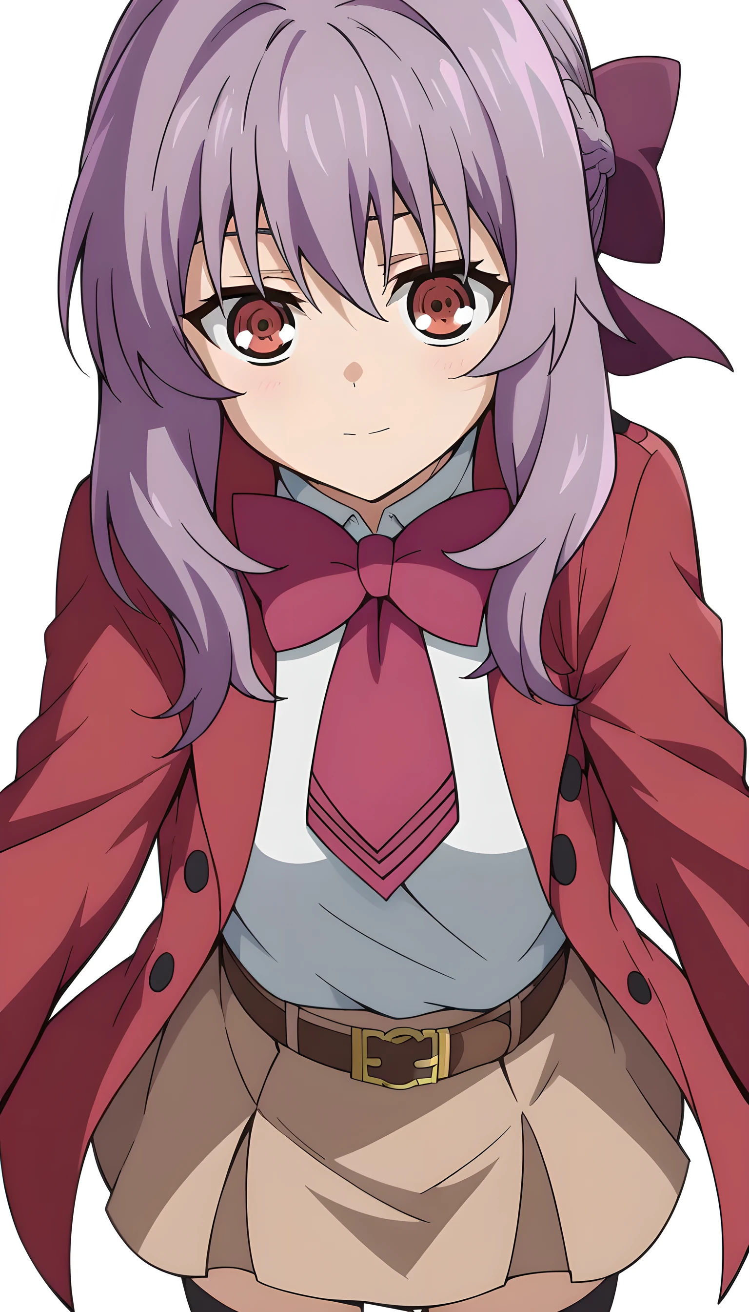 Shinoa Hiiragi, white background, black stockings, red trenchcoat, red neckerchief, white shirt, brown belt, beige skirt, solo, pov, hug