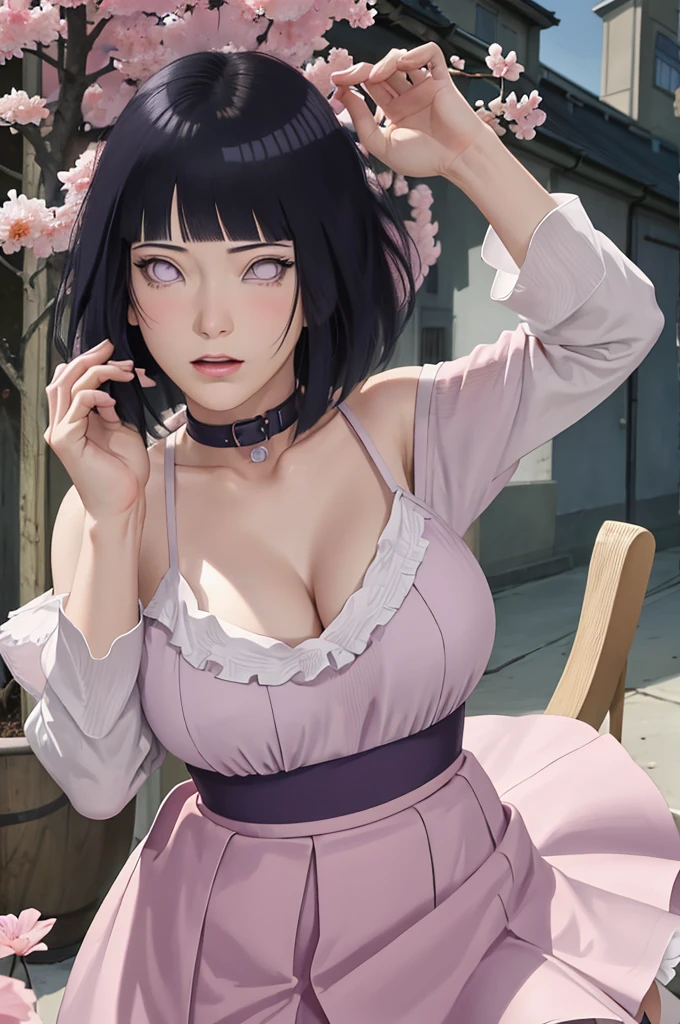 masterpiece, absurdres, hinata\(boruto\), 1girl, solo,mature female, off-shoulder strap bra, high waist short skirt, looking at viewer, (falling petals), perfect composition, detailed lips, big breast, beautiful face, body propotion, blush, (pink lips), long hair,  purple eyes,  soft gaze,  super realistic, detailed, photoshoot, realistic face and body,
