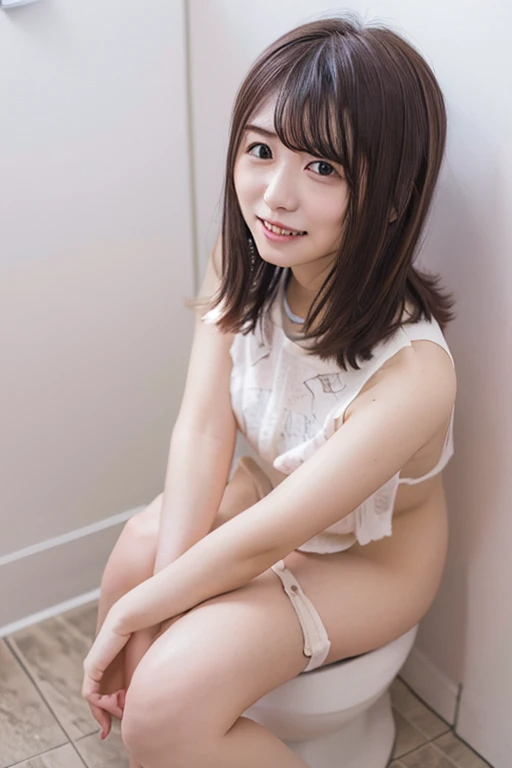 Highest quality, masterpiece, Ultra-high resolution, Japanese , high school, , bathroom, shower, small breasts, a wet transparent white shirt, pussy juice, masturbation, smile,, spread legs